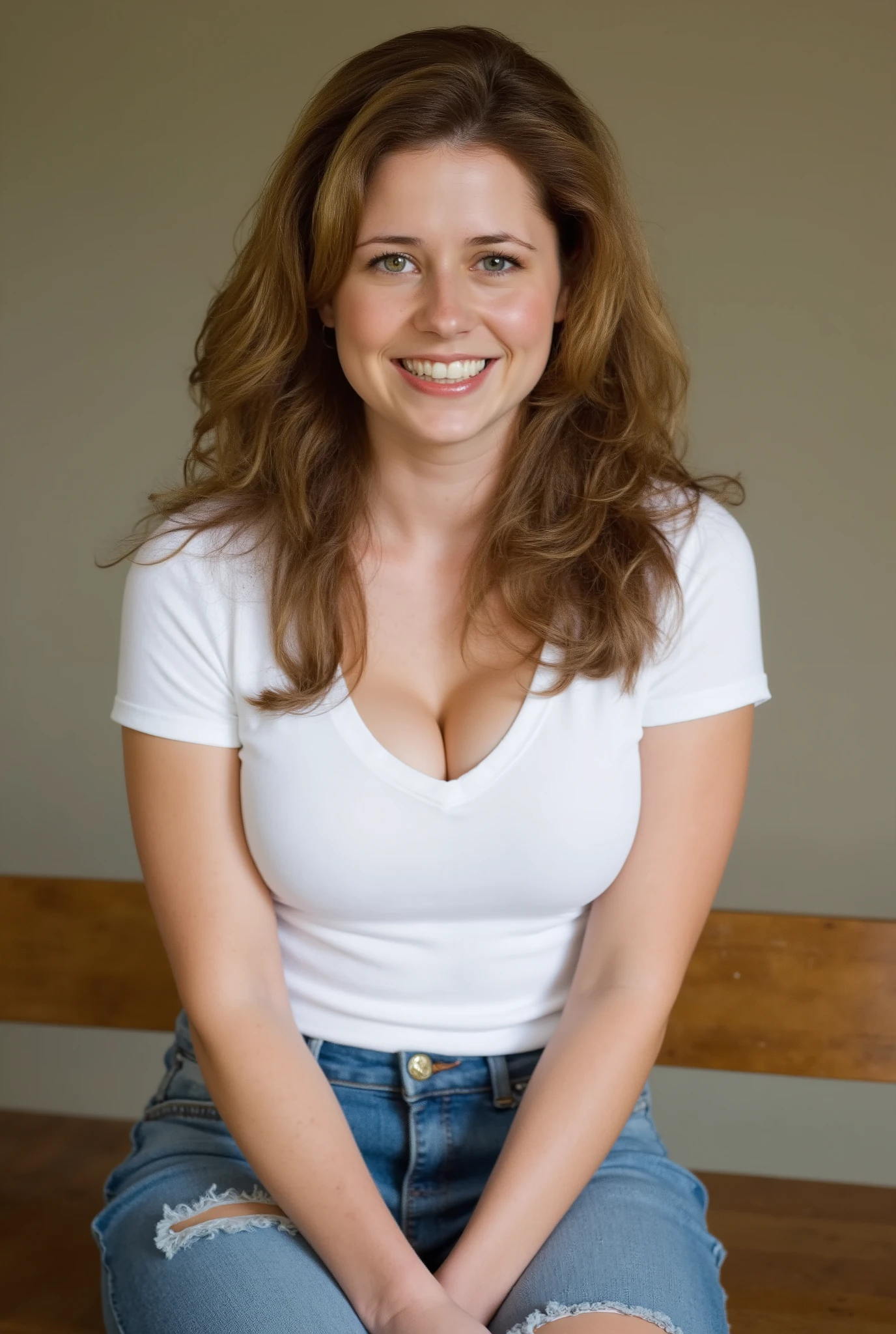 J3NN4,(((HD photo))), ultra high res.photorealistic:. 1.4, UHD, masterpiece, trending on artstation, one girl, full body, Jenna Fisher, Pam Beasly, a young woman with brown hair, loose hair flowing in waves that cascade around her shoulders, wearing a simple white t-shirt with short sleeves and a tight fit accentuating her big breasts, wearing blue denim jeans with a rip on her thigh, 20 years old, visible cleavage, deep cleavage, long legs, attractive girl, gorgeous face, full lips, smiling seductively, detailed facial features, beautiful hazel eyes, athletic and curvy build, she is sitting on a wooden bench, her hands are resting casually on either side of her, high quality, photo-realistic, cinematic lighting, good lightning, detailed skin, intricate hairstyle, waivy hair, warm color tones, portrait, 90's, 35mm lens, realistic skin texture, 