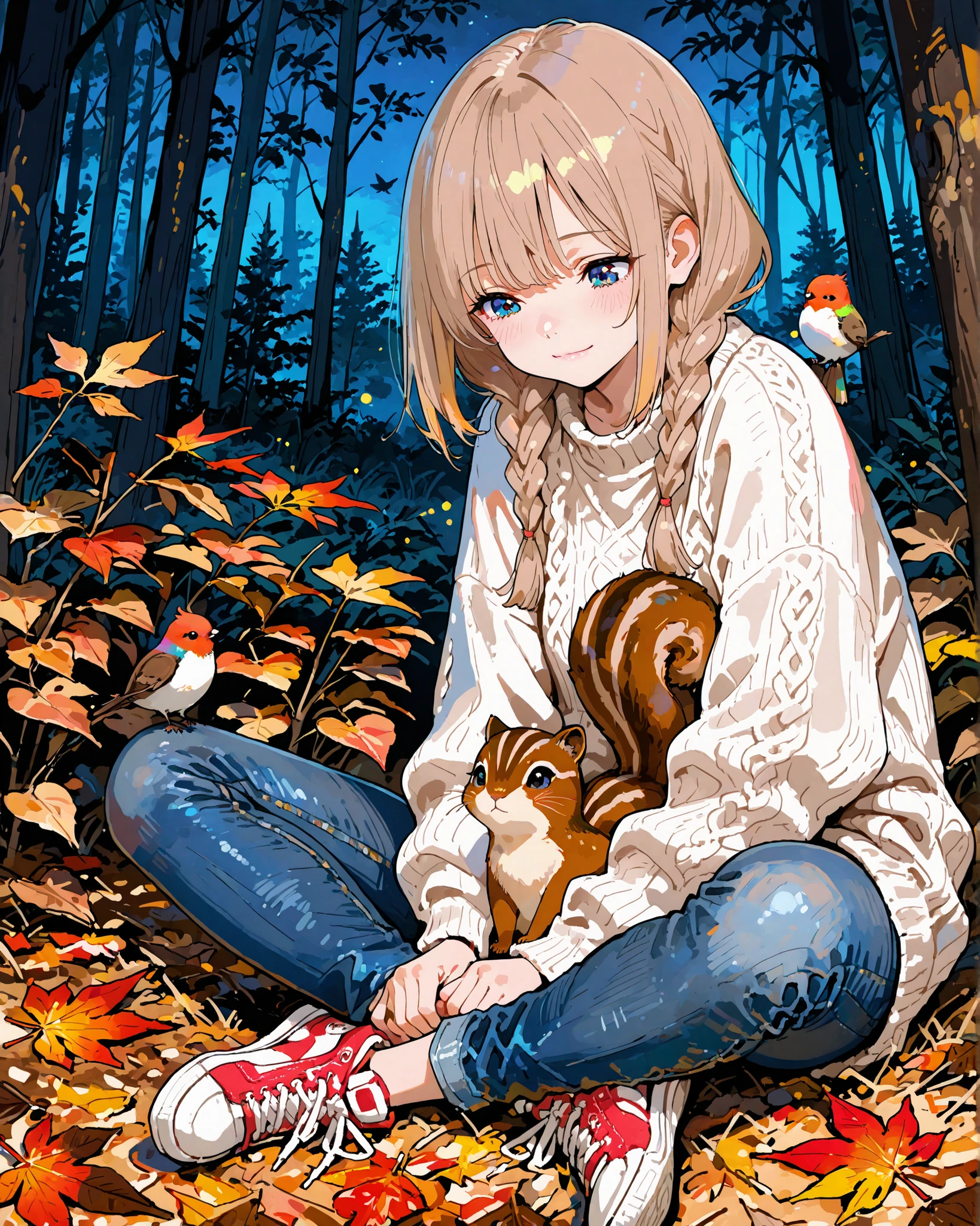 masterpiece, best quality, ultra-detailed, perfect anatomy,
748cmstyle,
little girl, blue eyes, light brown hair, braids, white sweater, jeans, light red sneakers, sitting on ground, indian style, night forest, friendly forest animals nearby (squirrel and small bird), cozy and heartwarming atmosphere, soft firelight illuminating her face, colorful autumn leaves on the ground, whimsical cute anime style, detailed shading, cinematic composition, light smile, closed mouth, light blush,