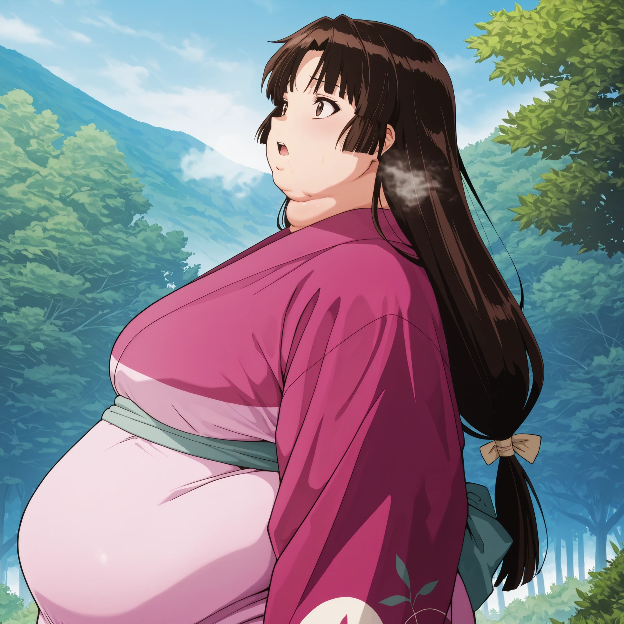 anime screencap, score_9, score_8_up, score_7_up, source_anime BREAK sango, 1girl, solo, brown hair, parted bangs, low-tied long hair, brown eyes, outdoors, pink kimono, wearing a kimono
,masterpiece,best quality,amazing quality,bulging belly, fat, chubby, obese, open mouth, out of breath, absurdres, portrait, pov belly, straight-on, from side, swollen face, masterpiece, best quality, ultra-detailed, high resolution, 8K, full body shot, Swallowing Large Object
