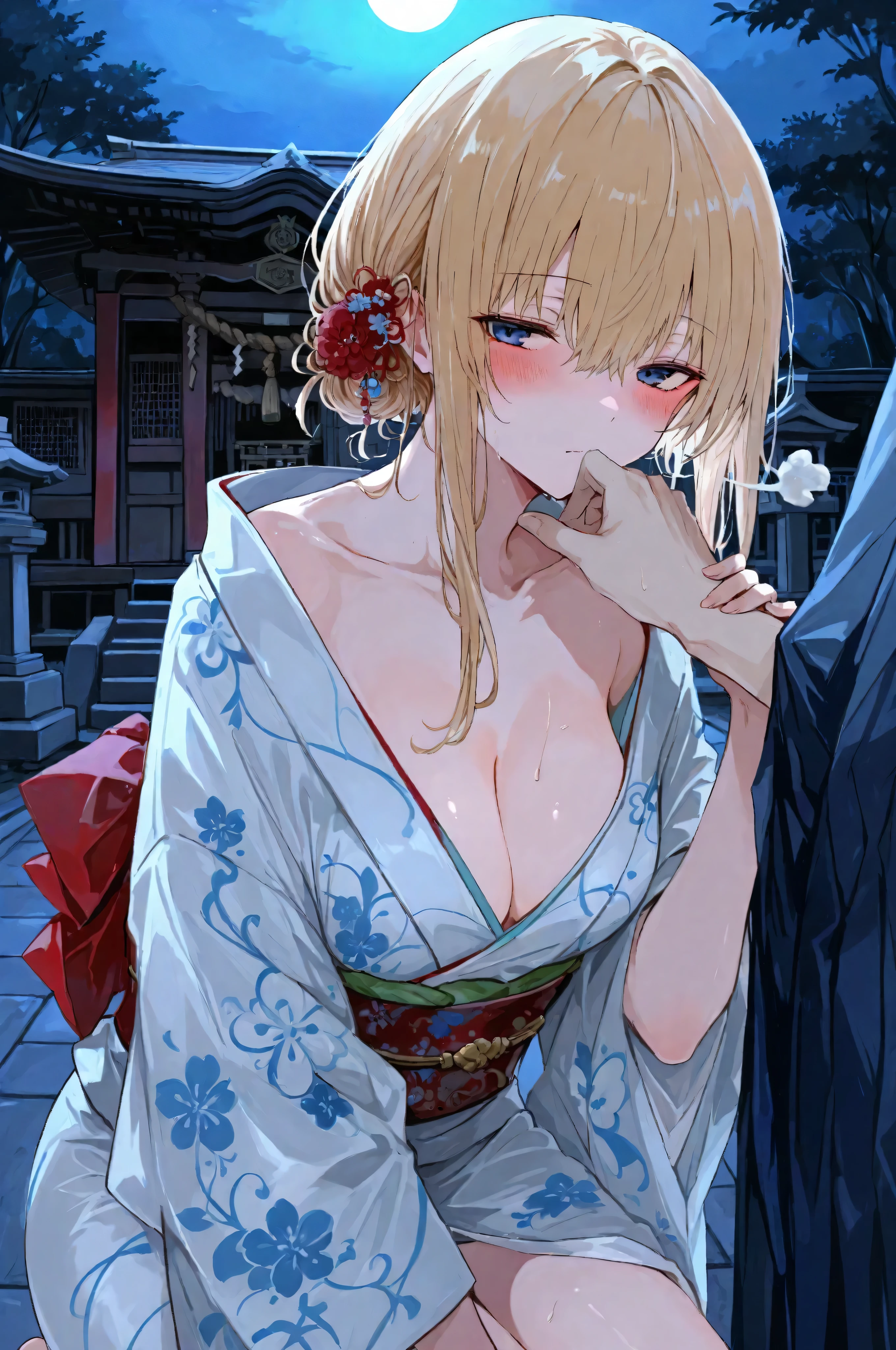 top quality,masterpiece,1girl,(Sensual:1.3),Innocent White,(shrine:1.2),Wedding Style, tipsy,Flushing,(濡れ瞳:1.4),kimono mess,Touching each other,hot sigh,moonlight