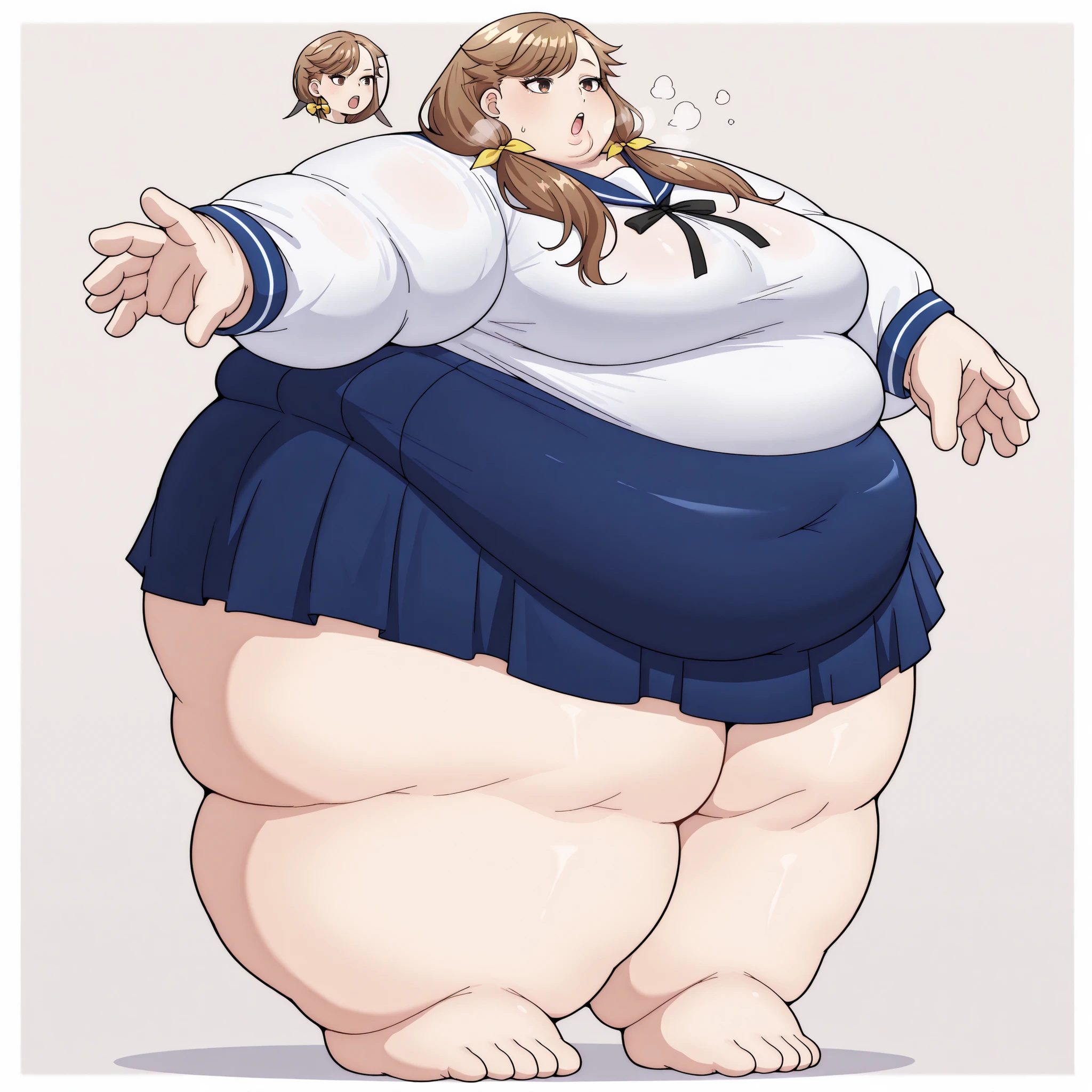 tenjousora brown eyes, long hair, asymmetrical hair, asymmetrical bangs, brown hair, low twintails, hair ribbon white shirt, blue sailor collar, neck ribbon, long sleeves, blue skirt,breasts, fat, chubby, obese, fat neck, multiple chins, big breasts open mouth, out of breath, Larger female, full body shot, only head, large head, oversized limbs, large hands, large feet, oversized feet, oversized fingers, big lips, plump lips, fat face, fupa, big fupa, fat fupa, 