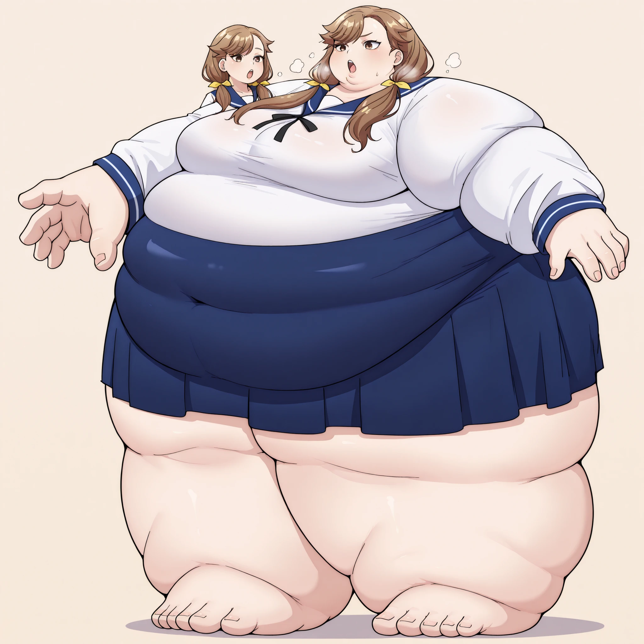 tenjousora brown eyes, long hair, asymmetrical hair, asymmetrical bangs, brown hair, low twintails, hair ribbon white shirt, blue sailor collar, neck ribbon, long sleeves, blue skirt,breasts, fat, chubby, obese, fat neck, multiple chins, big breasts open mouth, out of breath, Larger female, full body shot, only head, large head, oversized limbs, large hands, large feet, oversized feet, oversized fingers, big lips, plump lips, fat face, fupa, big fupa, fat fupa, 