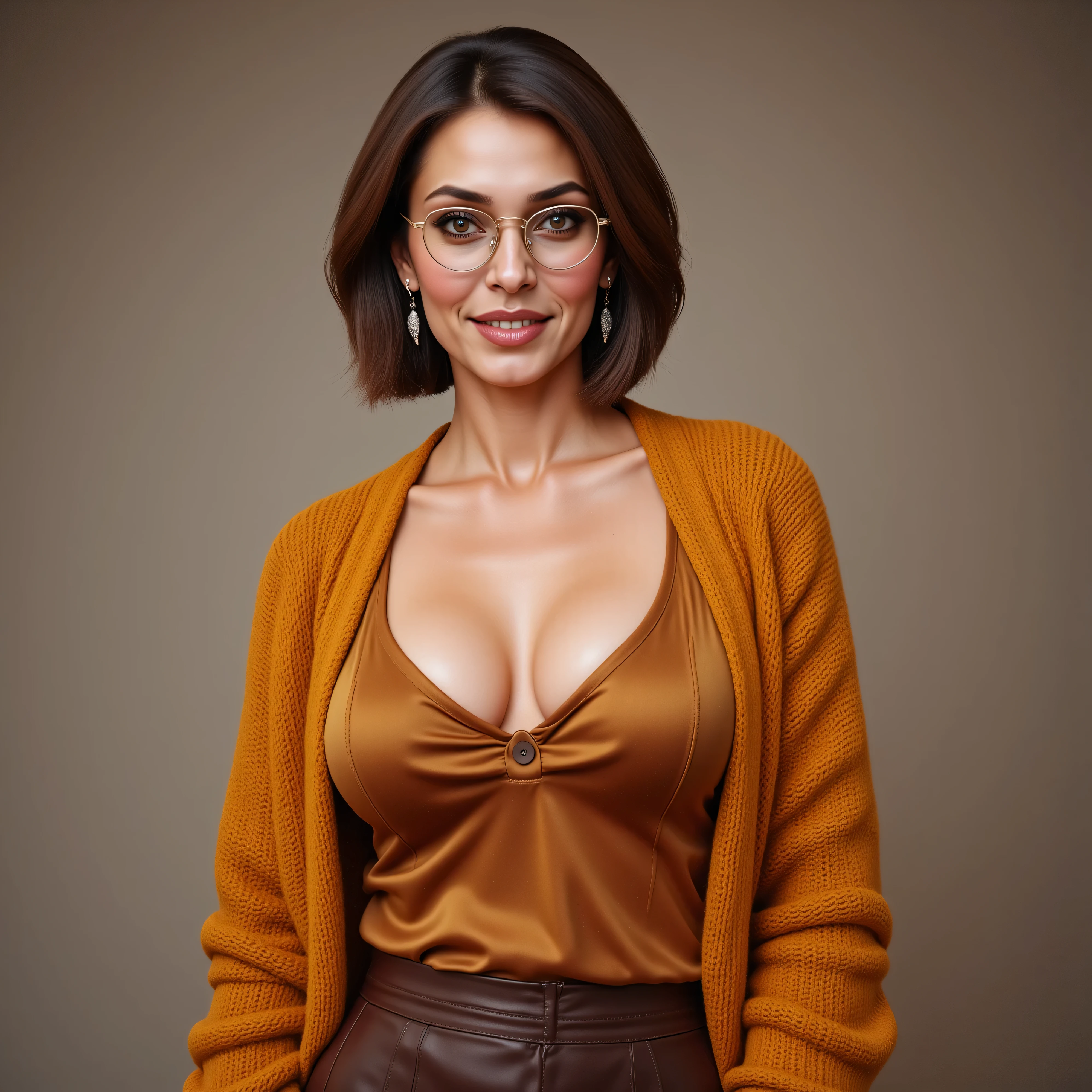 A realistic, high resolution photograph of a beautiful Persian woman in her 40's; full body frontal view facing the camera with her arms at her side, looking at the camera. There is extra space in the photo above her head. She has a luscious, hourglass, fashion model figure featuring medium rounded pushed up breasts, large hips, and a slim waist. She has short straight chestnut brown hair worn in a bob with a sweeping side part. She has a perfect, heart shaped face, thin lips, a small nose, a short, bull neck, and ears that lay close to her skull. She has grey eyes, a swarthy complexion, and wears a pair of reading glasses with lenses that are half moon shaped with wire rims on the bottom. Her lips are open and she has a amused smirk. She is wearing a loose fitting shimmering bronze silk tank top, brown leather mini skirt and an ochre thick knit Aran stitched woolen cardigan that covers both of her shoulders. Her breasts are well defined beneath the clothing and you can see some cleavage. There is no one else in the photo. There is extra space above the subject’s head and centered composition — suitable for magazine-style layout or cinematic framing.