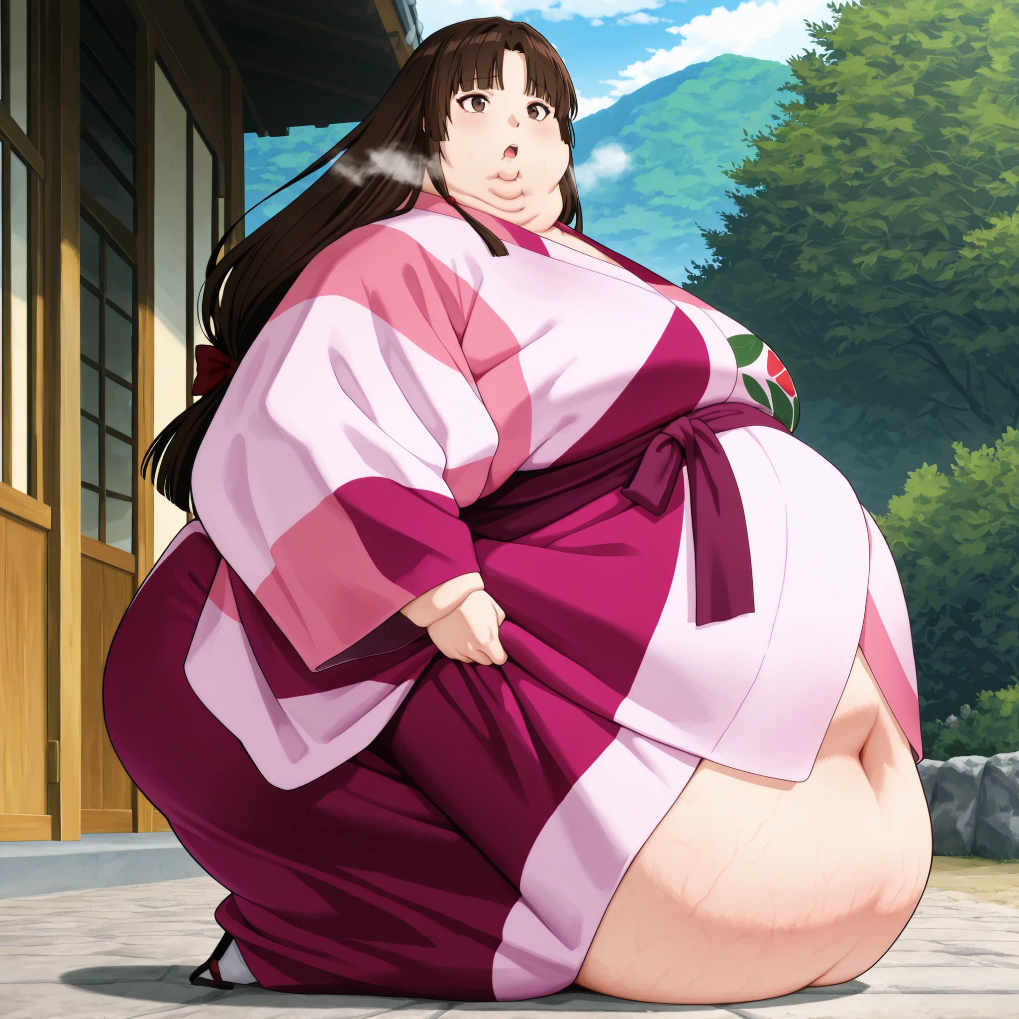 anime screencap, score_9, score_8_up, score_7_up, source_anime BREAK sango, 1girl, solo, brown hair, parted bangs, low-tied long hair, brown eyes, outdoors, pink kimono, wearing a kimono
,masterpiece,best quality,amazing quality,bulging belly, fat, chubby, obese, open mouth, out of breath, absurdres, portrait, pov belly, straight-on, from side, swollen face, masterpiece, best quality, ultra-detailed, high resolution, 8K, full body shot,