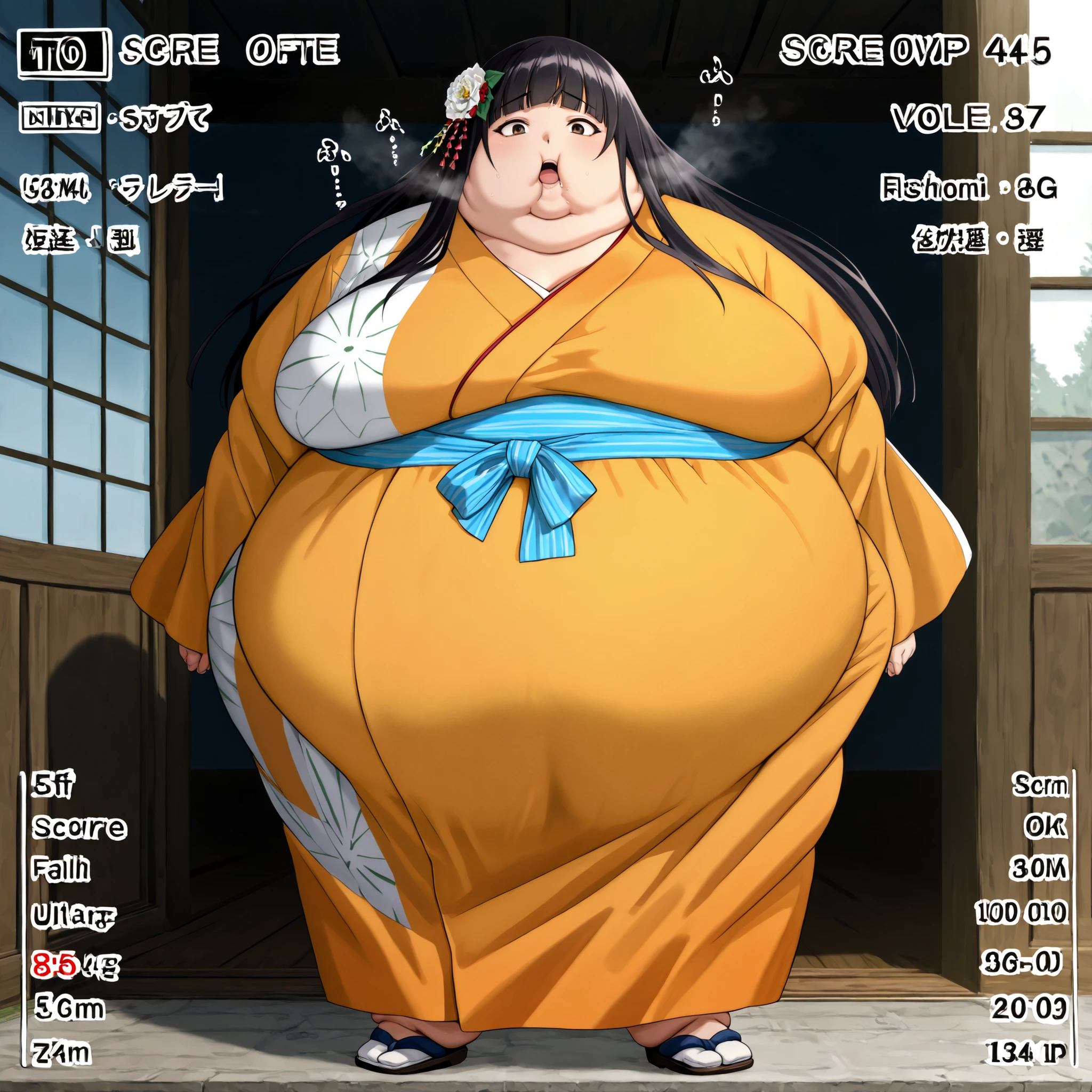 score_9, score_8_up, score_7_up, score_6_up, score_5_up, score_4_up, BREAK, source_anime, 1girl, kagomehigurashi, bangs, black hair, long hair, brown eyes, wearing a kimono
,masterpiece,best quality,amazing quality,bulging belly, fat, chubby, obese, open mouth, out of breath, absurdres, portrait, pov belly, straight-on, from side, swollen face, masterpiece, best quality, ultra-detailed, high resolution, 8K, full body shot, 