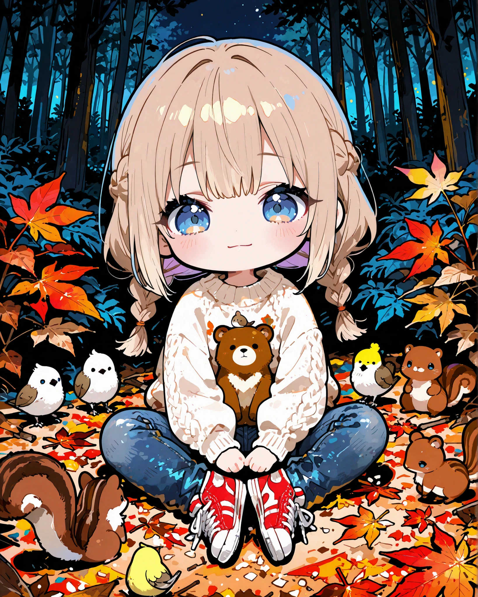 masterpiece, best quality, ultra-detailed, perfect anatomy,
748cmstyle,
little girl, full body, straight-on, blue eyes, light brown hair, braids, white sweater, jeans, light red sneakers, sitting on ground, indian style, (chibi:1.5), BREAK, night forest, friendly forest animals nearby (bear, squirrel, and small bird), cozy and heartwarming atmosphere, soft firelight illuminating her face, colorful autumn leaves on the ground, whimsical cute anime style, detailed shading, cinematic composition, light smile, closed mouth, light blush, (chibi:1.5),