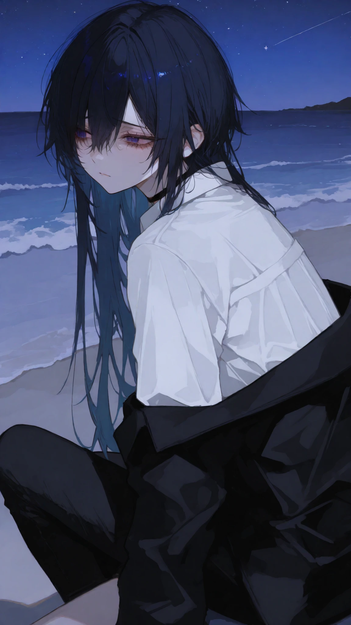 girl,Black-haired,long hair, dark blue eyes, Boyish, Sharp gaze eye,side view,White Office Shirt,Black Jacket,Black pants, Choker, tomboy,hair between eye,beach,side view,sit,sad, stars,long hair,Look Back,surgery