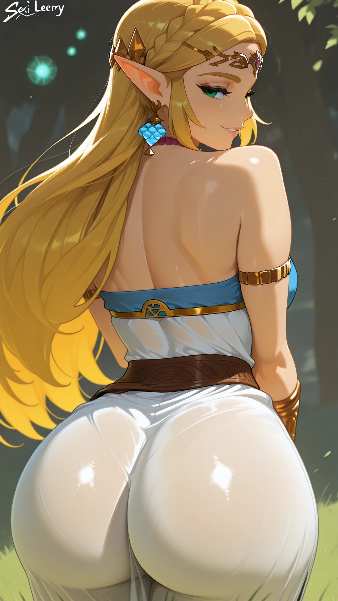 Beautiful 1girl, full body, solo, (very long waist length blonde hair, straight blonde hair: 1.28), ((light blue eyes)), clear skin, (large darker fox ears: 1.35), pale skin, medium breasts, cleavage, (thin hips, thin waist , athletic body: 1.25), background, looking away, shy smile, revealing clothes, (wearing Priestess Lori  Robe of White and Red and Gold, Off Shoulder,: 1.5), (arched back, Appearance , round ass:1.7), (tropical waterfalls, water: 1.15), 4k textures, soft light, elegant, highly detailed, sharp focus, soothing tones,