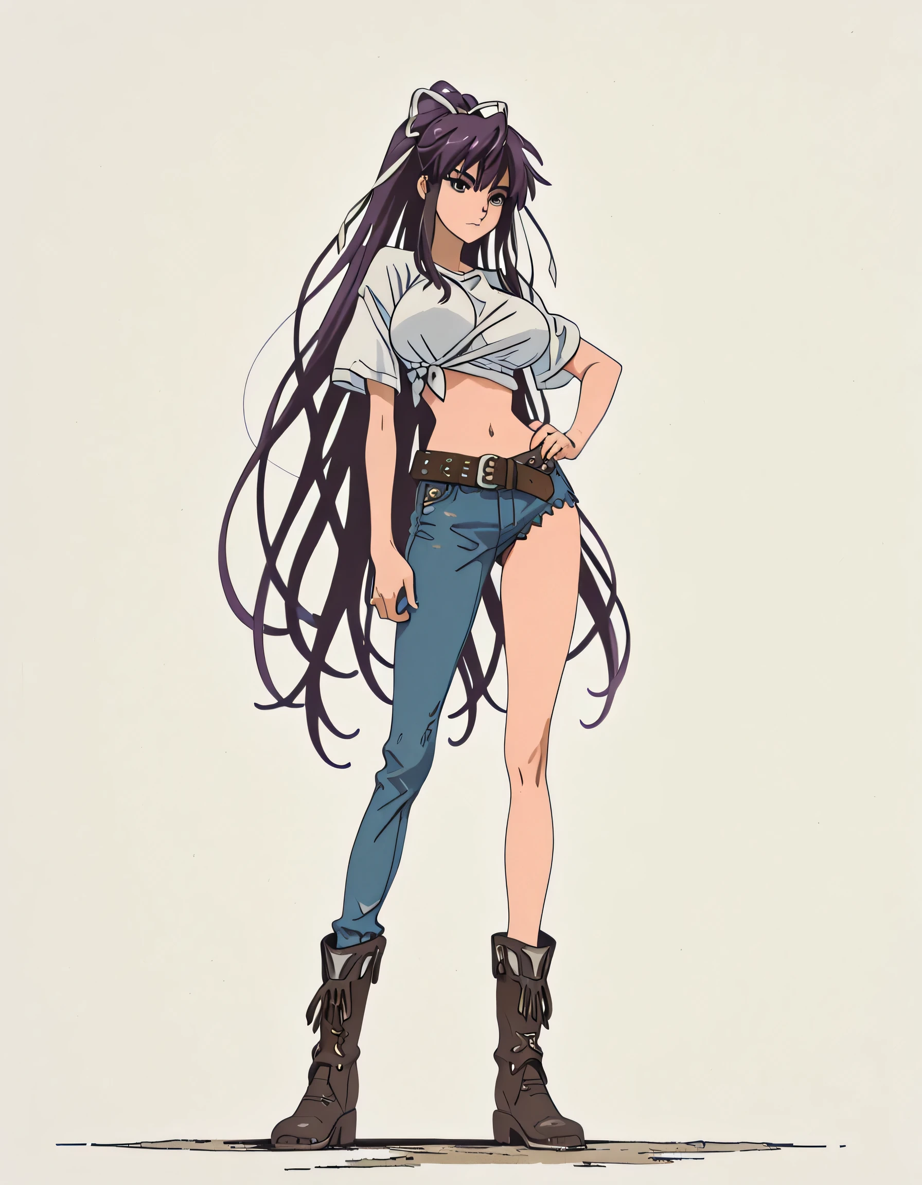 masterpiece masterpiece, ultra-HD, impressionism, high detail, best quality, very aesthetic, 8k, best quality, beautiful, anime coloring , Kaori Kanzaki , long hair,ribbon, , asymmetrical clothes , ponytail , very long hair , tied shirt , belt , denim , navel , long legs , boots , hand on hip , fully body