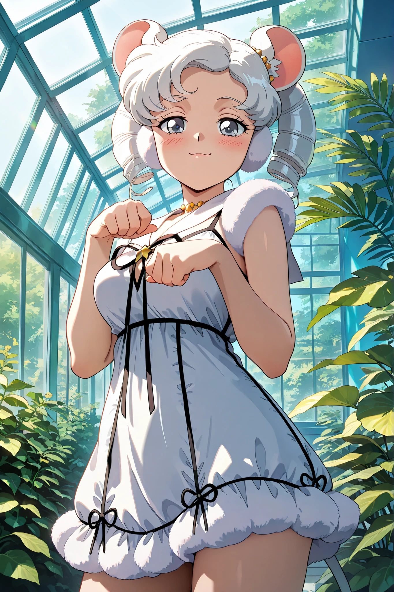 masterpiece, amazing quality, best quality, ultra-detailed, 8K, illustration, ultra-detailed-eyes, soft skin, very awa, very as2, soft body, 1990s \(style\), official art, mature chibi woman,sailor_iron_mouse, grey eyes, white hair, drill hair, twin drills, earmuffs, solo, looking at viewer, white floral dress,  solo, looking at viewer, blush, smug, closed mouth, standing, cowboy shot, paw pose,, conservatory, plants, glass_roof, sunlight, greenery, cowboy shot,