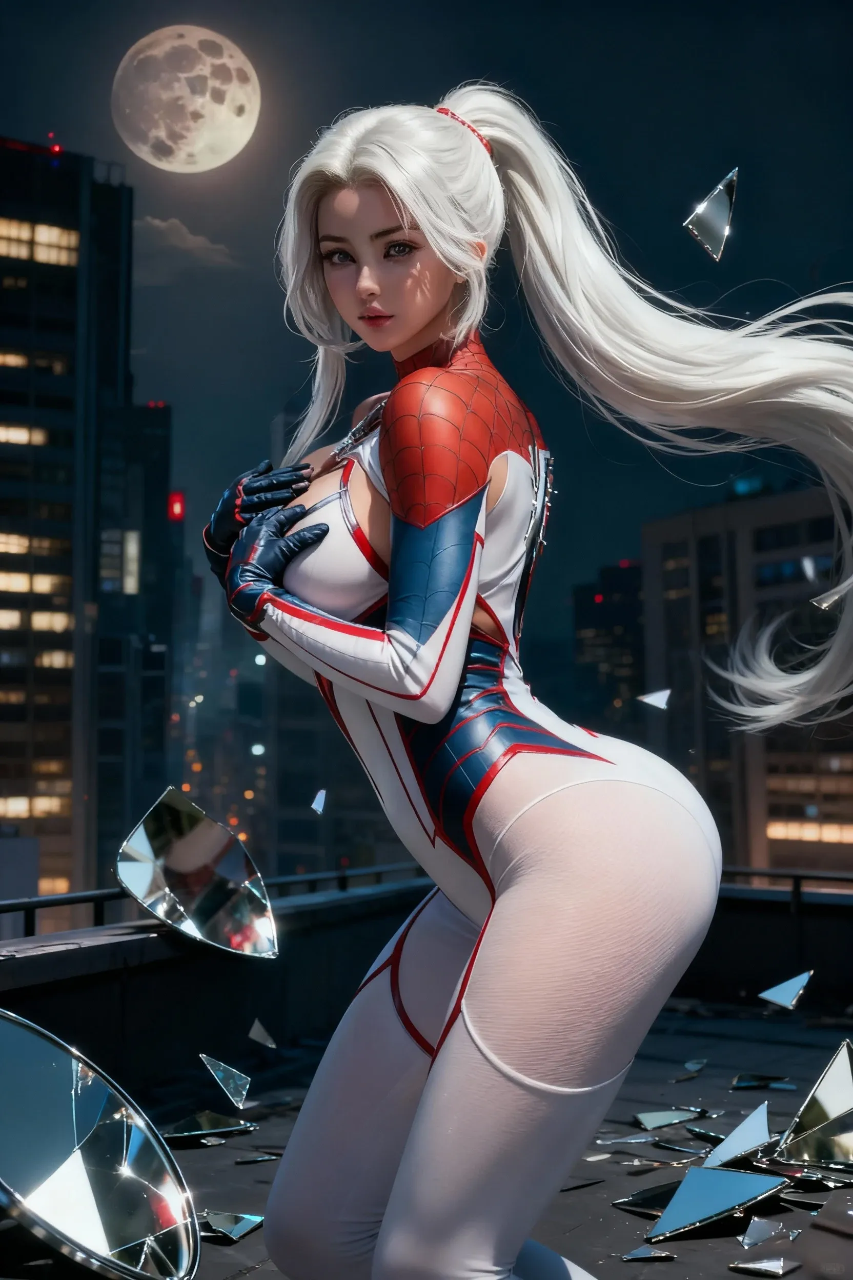 (Masterpiece, 4k resolution, ultra-realistic, very detailed), (White superhero theme, charismatic, there's a  of town, wearing Spider-Man costume, she's a superhero), [ ((25 years), (long white hair:1.2), full body, (blue eyes:1.2), ((Spider-Man pose),show of strength, jumping from one building to another), ((sandy  environment):0.8)| (cityscape, at night, dynamic lightull moon))] # Explanation: The Prompt mainly describes a 4K painting of ultra-high definition, very realistic, very detailed. It shows a superheroine at the top of the city, wearing a Spider-Man costume. The theme in the painting  a white superhero theme, the female protagonist has long white hair,  25 years old and her entire body  shown in the painting. In terms of portraying the actions of superheroines, spiders are employed