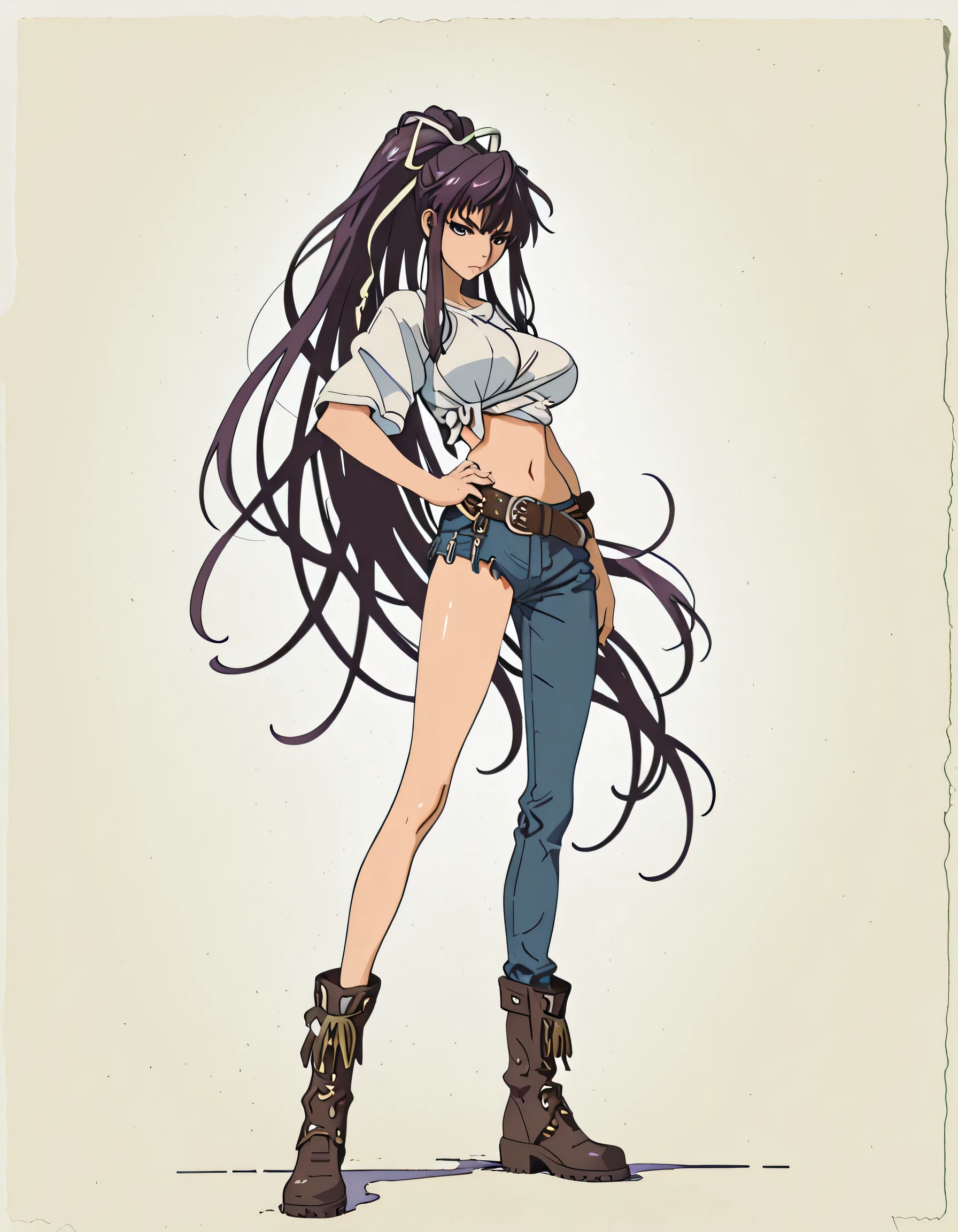 masterpiece masterpiece, ultra-HD, impressionism, high detail, best quality, very aesthetic, 8k, best quality, beautiful, anime coloring , Kaori Kanzaki , long hair,ribbon, , asymmetrical clothes , ponytail , very long hair , tied shirt , belt , denim , navel , long legs , boots , hand on hip , fully body