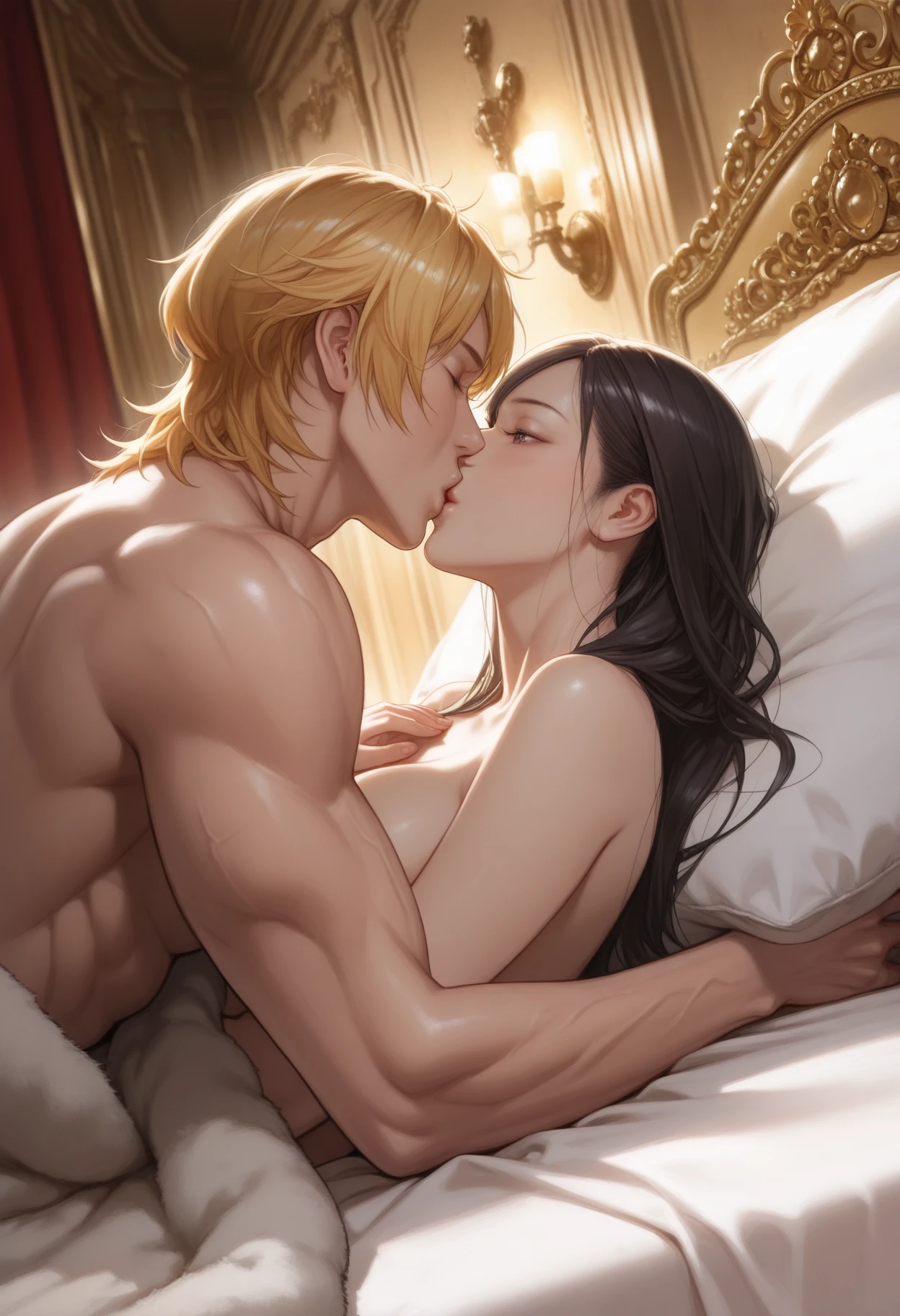 ((highest quality)), ((masterpiece)), (detailed), Perfect Face、((Yuuki Asuna))、Brown Hair、((Men and women get naked))、((They have sex in the face-to-face cowgirl position while holding each other tightly.))、On the bed in the bedroom、((A man and a woman have marital relations on a bed))、A man and a woman are a couple、Gorgeous Phoenix Crown、Woman has a happy face、Gorgeous hair ornament、Earrings、necklace、Bracelet、Luxury accessories、（The woman is the empress）、（The man is the prince）、((Woman hugs man))、（The man puts his hands around the woman&#39;s waist and hugs her）、((A man, a man and a woman make love deeply in bed))、((The woman spreads her legs and wraps them around the man&#39;s waist while hugging him and having sex.))、((A man hugs a woman and has sex))、((A man&#39;s penis enters a woman&#39;s pussy and semen is released))、((The man has a big erect penis))、((The woman&#39;s pussy is exposed and there is semen inside.))、((The man has a big dick))、((The woman is an exposed pussy))