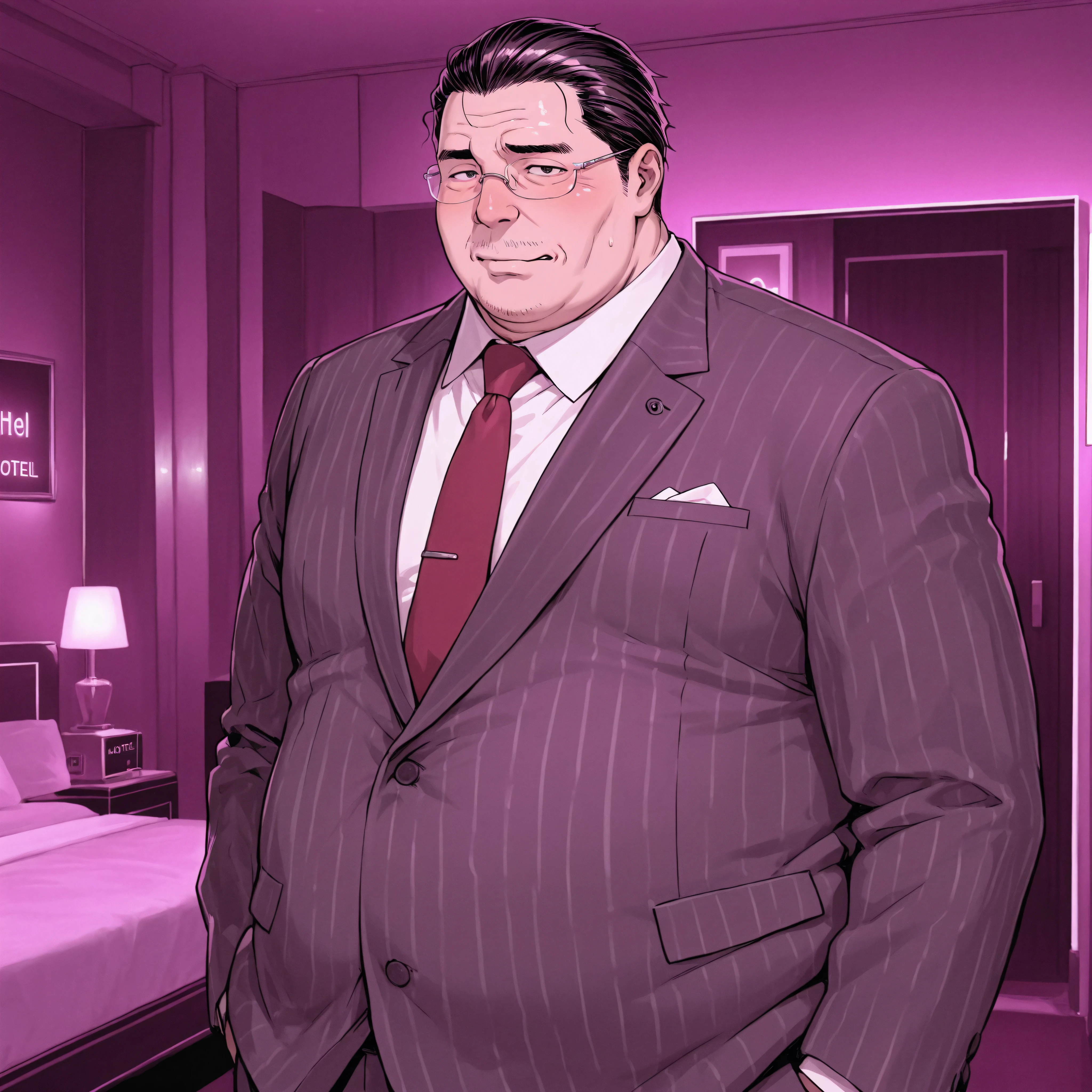 fat boy,Japanese,ugly,solo,suit,rimless glasses,slicked back hair,love hotel room,in-heat