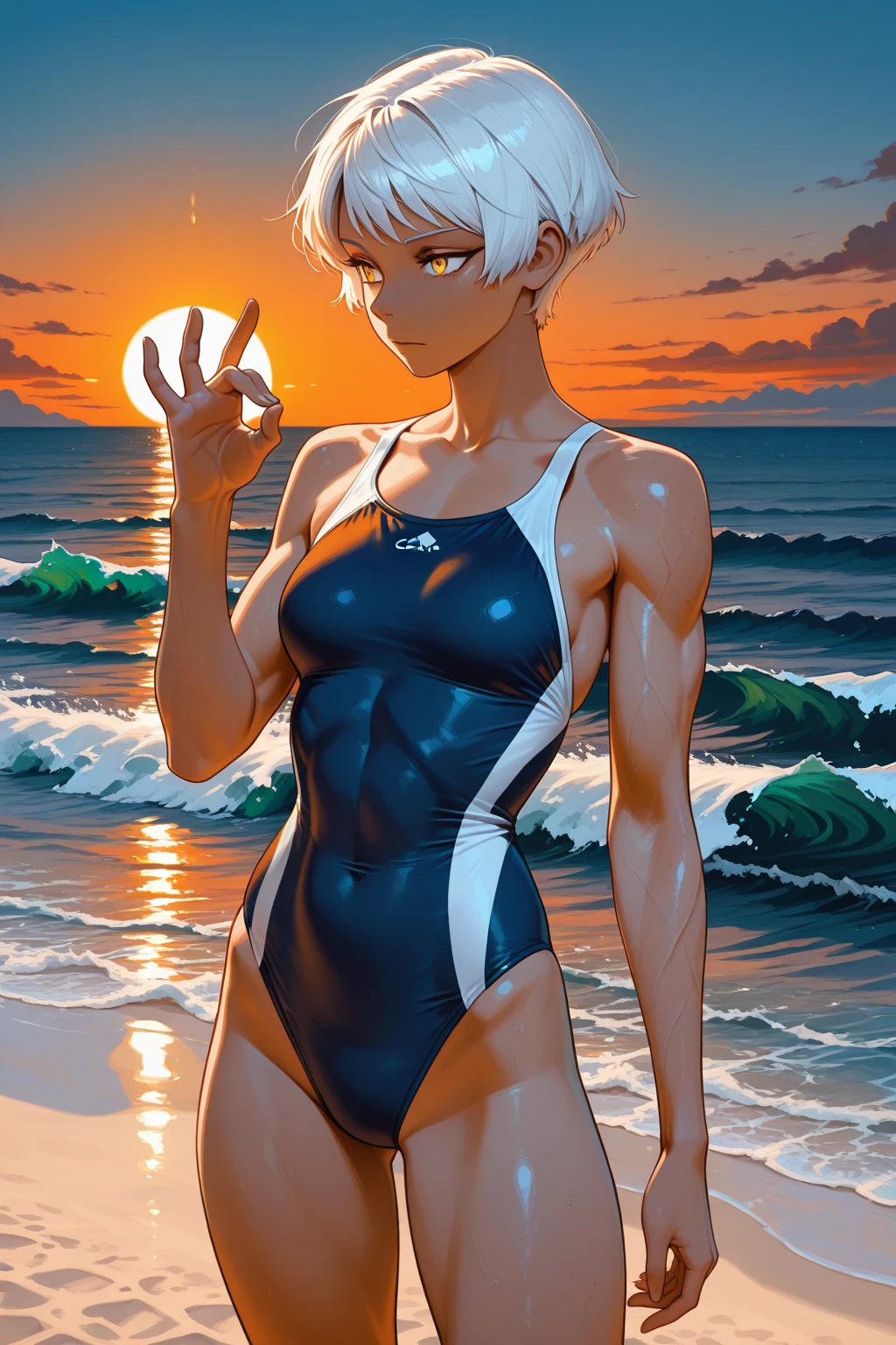 tropical island, beach, palm trees, ocean, beach ball, sand, sky, clouds, sun, sun light, (masterpiece), best quality, 8k, 4k, hd, hires, best quality, masterpiece, ultra-high detailed, hyper-detailed, intricate details, photo-realistic, beautiful details, studio lighting, detailed clothing, highly textured clothing, satin lighting, hyper resolution, insanely detailed, young woman, fit body, slender arms, nice thighs, two piece swimsuit, 2piece