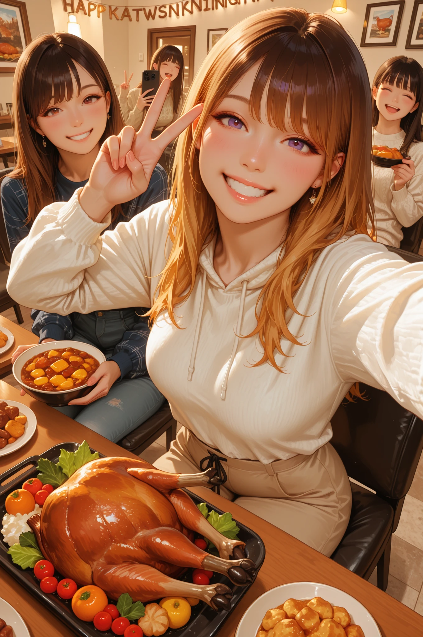 masterpiece, best quality, Ultra-detailed, (photo-realistic, hyper-realistic:1.2), perfect face, perfect anatomy, perfect hands, clear focus, different American 4girls sitting around an American Thanksgiving table, spread opens winter outfits, very different body-shapes and breast-sizes,
Colorful hot Thanksgiving dishes,
Turkey,
Thanksgiving in a cozy American home,
American Thanksgiving furniture and decorations,
Happy atmosphere, smiles, peace sign, eating, selfie, from above