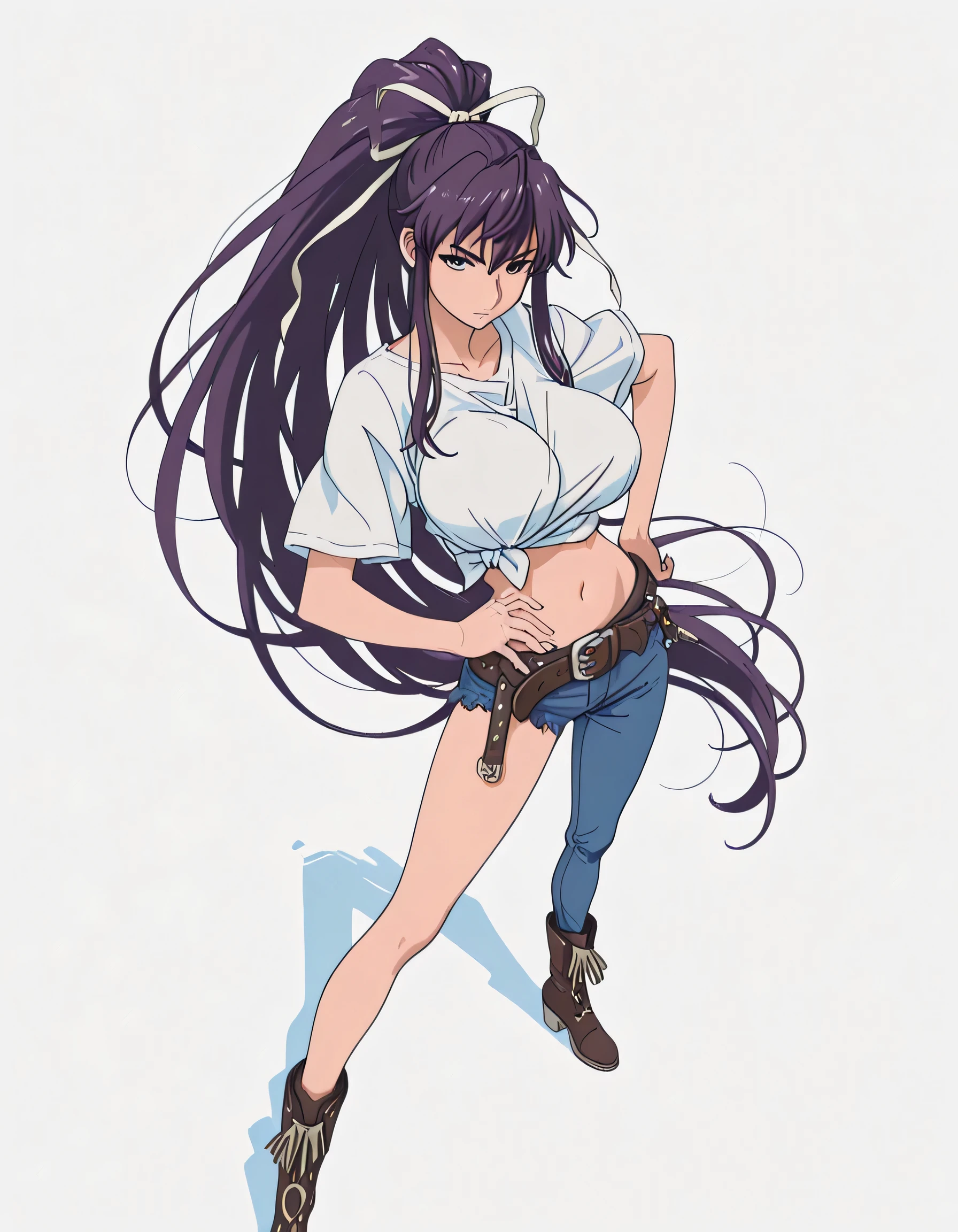 masterpiece masterpiece, ultra-HD, impressionism, high detail, best quality, very aesthetic, 8k, best quality, beautiful, anime coloring , Kaori Kanzaki , long hair, ribbon, , asymmetrical clothes , ponytail , very long hair , tied shirt , belt , denim , navel , long legs , boots , hand on hip , fully body , from above , foreshortening , perspective