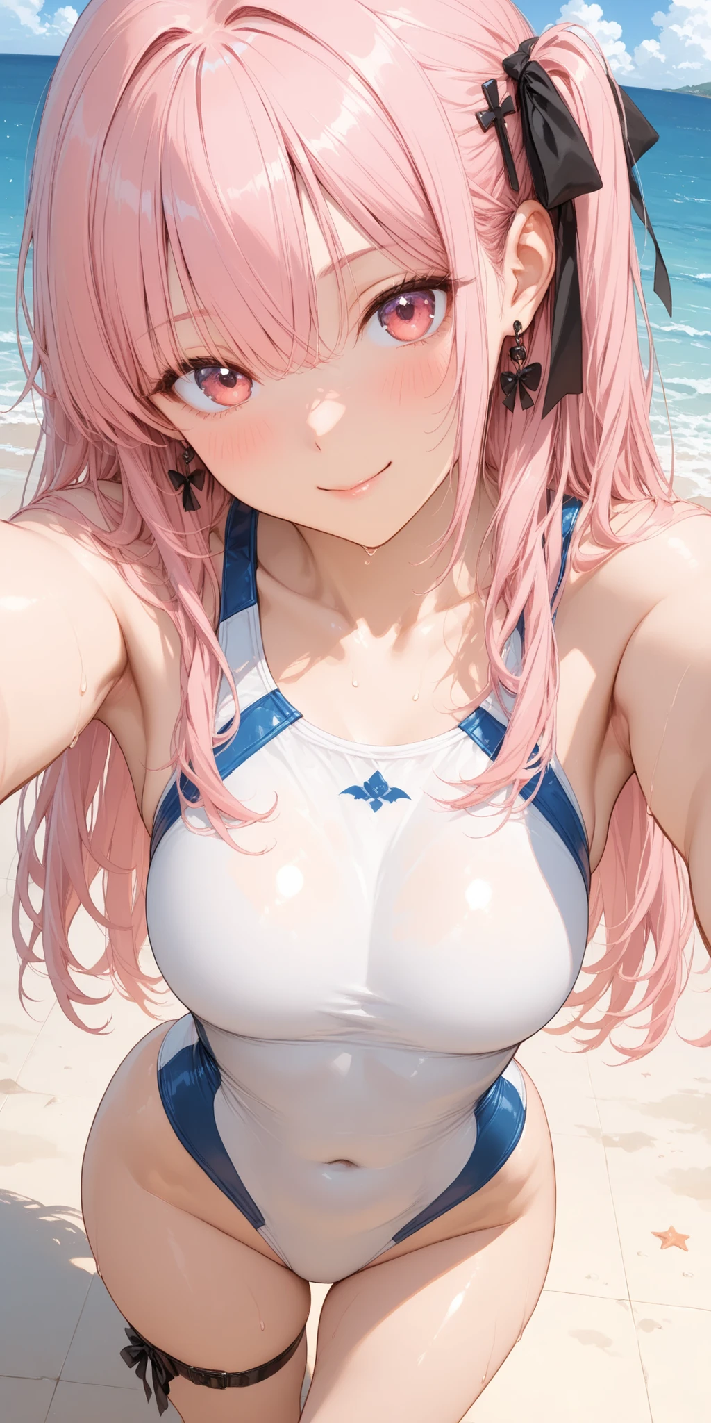 1girl,、beach side、competitive swimsuit made in Arena、Fair skin、younger、High Quality、、real、details、HDR、UHD、、Ultra Precision Painting、sharp focus、Physically Based Rendering、extreme、