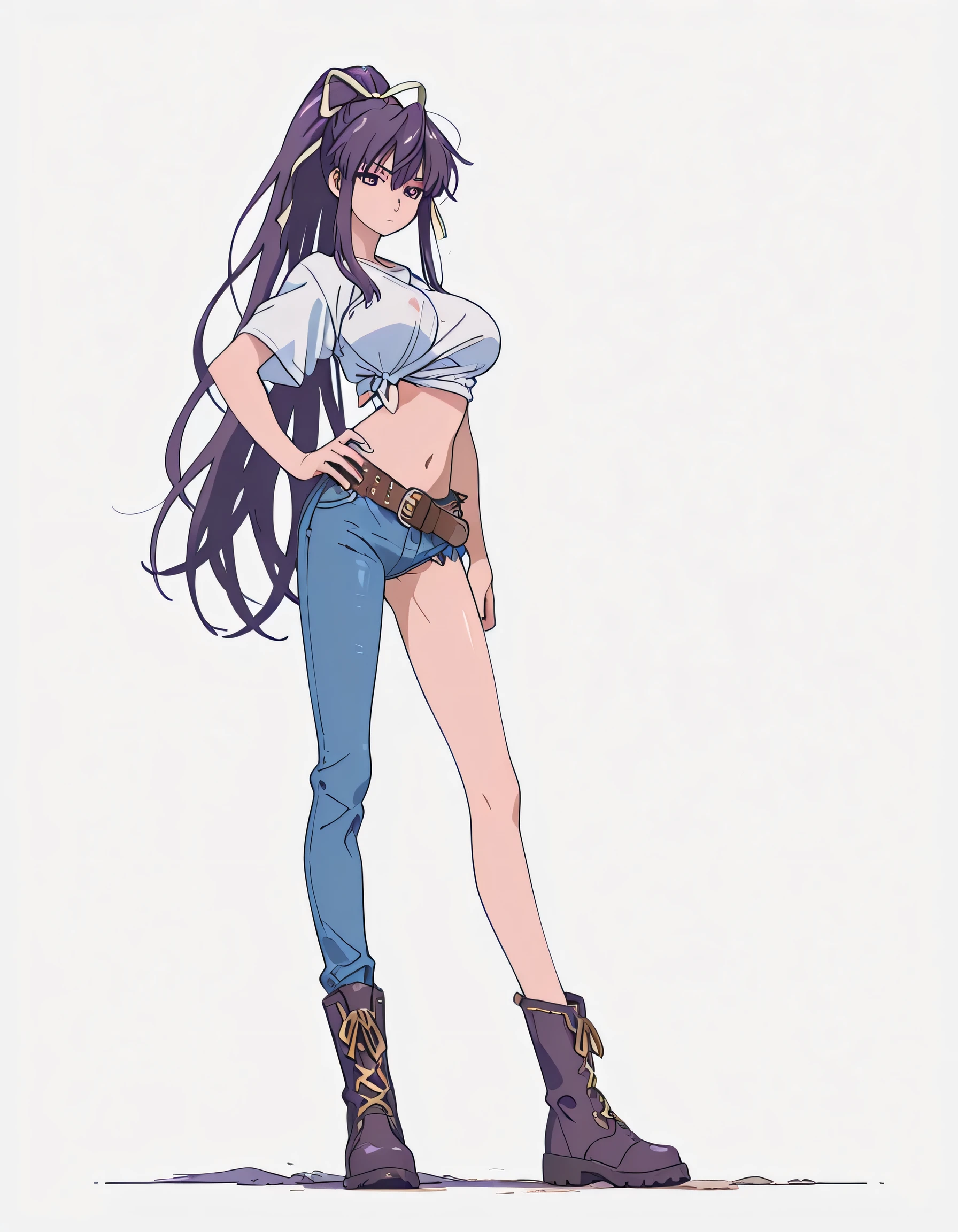 masterpiece masterpiece, ultra-HD, impressionism, high detail, best quality, very aesthetic, 8k, best quality, beautiful, anime coloring , score_9, score_8_up, score_7_up, score_6_up, score_5_up, score_4_up , Kaori Kanzaki , purple eyes , long hair , ribbon , , asymmetrical clothes , short white T-shirt , knot at shirt bottom , ponytail , very long hair , tied shirt , belt , denim , navel , long legs , boots , attractive body , hand on hip , fully body