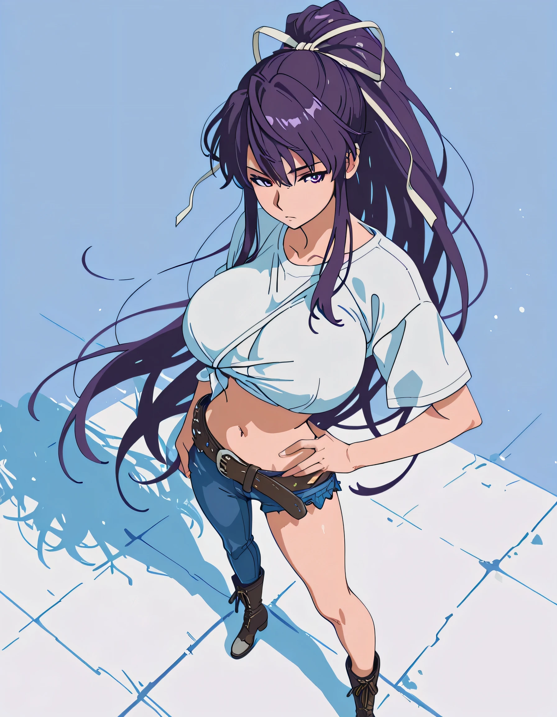 masterpiece masterpiece, ultra-HD, impressionism, high detail, best quality, very aesthetic, 8k, best quality, beautiful, anime coloring , score_9, score_8_up, score_7_up, score_6_up, score_5_up, score_4_up , Kaori Kanzaki , purple eyes , long hair , ribbon , , asymmetrical clothes , short white T-shirt , knot at shirt bottom , ponytail , very long hair , tied shirt , belt , denim , navel , long legs , boots , attractive body , hand on hip , fully body , masterpiece masterpiece, ultra-HD, impressionism, high detail, best quality, very aesthetic, 8k, best quality, beautiful, anime coloring , Kaori Kanzaki , eyes , long hair, ribbon, , asymmetrical clothes , ponytail , very long hair , tied shirt , belt , denim , navel , long legs , boots , hand on hip , fully body , from above , foreshortening , perspective