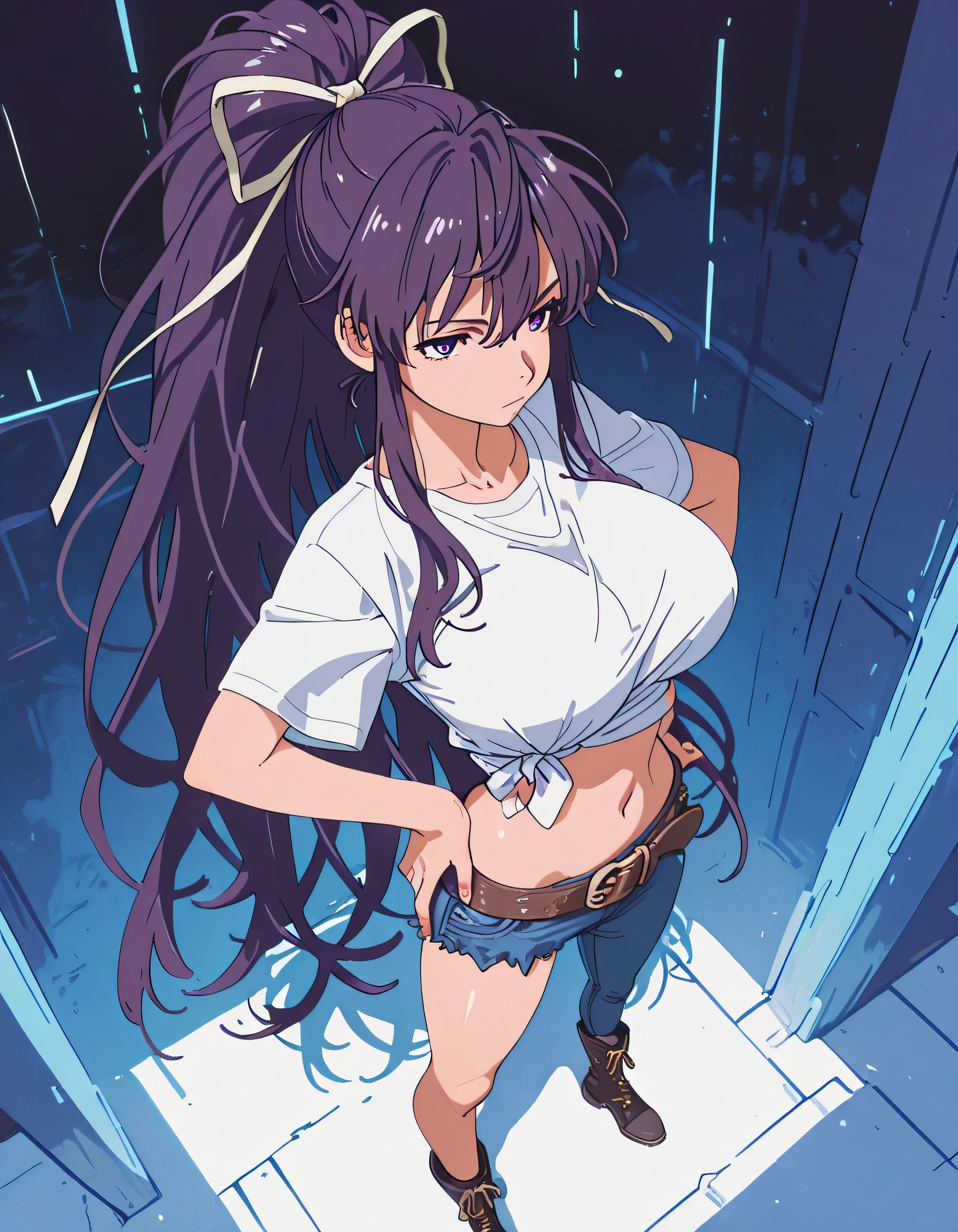 masterpiece masterpiece, ultra-HD, impressionism, high detail, best quality, very aesthetic, 8k, best quality, beautiful, anime coloring , score_9, score_8_up, score_7_up, score_6_up, score_5_up, score_4_up , Kaori Kanzaki , purple eyes , long hair , ribbon ,  , asymmetrical clothes , short white T-shirt , knot at shirt bottom , ponytail , very long hair , tied shirt , belt , denim , navel , long legs , boots , attractive body , hand on hip , fully body , from above , foreshortening , perspective
