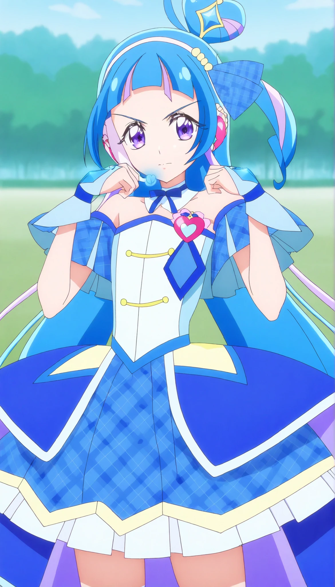 cure wink, kimi to idol precure, blue hair, magical girl, mini crown, purple eyes, blue dress, tilted headwear, very long hair, blunt bangs,  shoulders, hairband, two-tone hair, purple hair, jewelry, idol clothes, masterpiece, best quality, anime, source anime, illustration,idol heart brooch, headset, thigh ,closed mouth, serious face ,glossy lips,standing, attention pose ,cowboy shot,from front ,park background