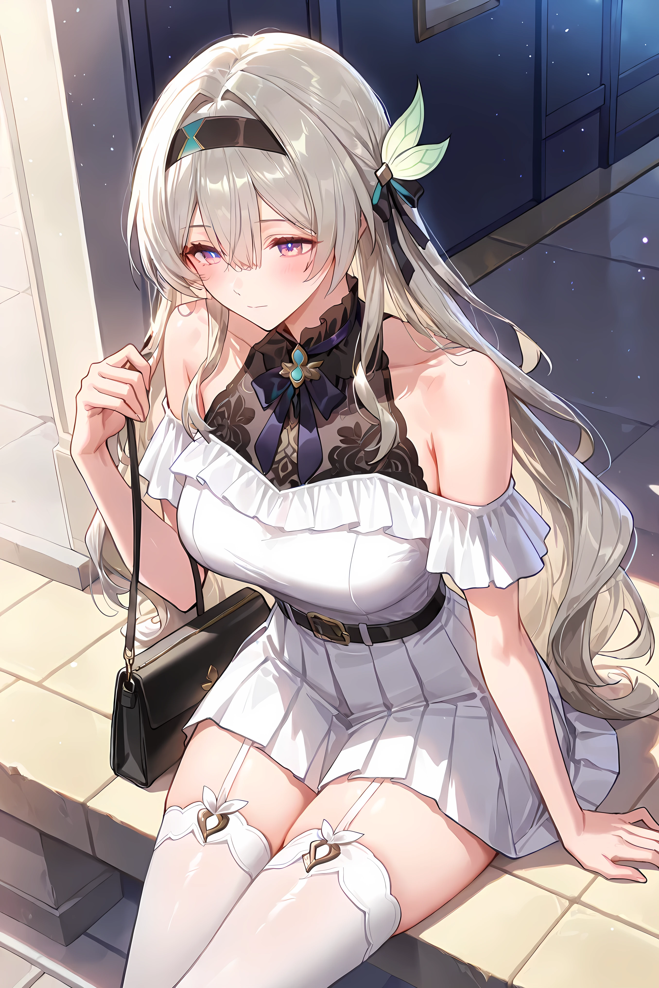 score_9, score_8_up, score_7_up, masterpiece, best quality, very aesthetic, absurdres, tunning image, attractive image, 1girl, adult grown woman, solo, firefly \(honkai: star rail\), purple eyes, grey hair, hair between eyes, very long hair, hair intakes, hairband, two-tone eyes, multicolored eyes, medium breasts, ero404, noona, 5 fingers, alternate costume, sweet pink mini dress, off-shoulder dress with white ruffles, central white pleated panel, large black ribbon belt with lace brooch, white thigh-high stockings, small black shoulder bag, soft daytime street background, sitting, closed mouth,