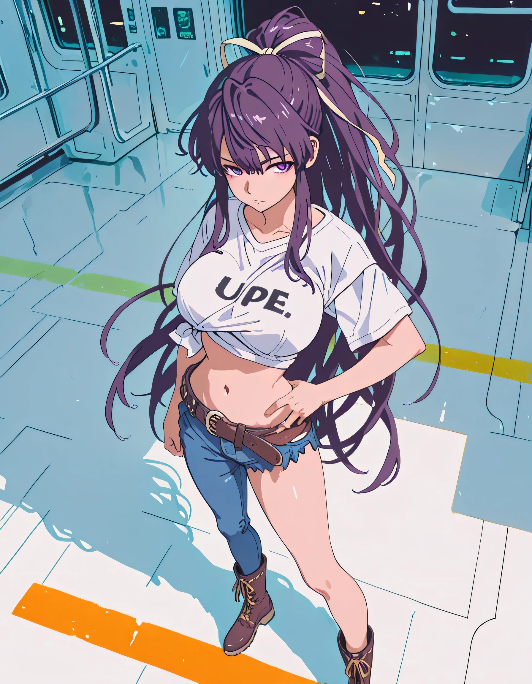 masterpiece masterpiece, ultra-HD, impressionism, high detail, best quality, very aesthetic, 8k, best quality, beautiful, anime coloring , score_9, score_8_up, score_7_up, score_6_up, score_5_up, score_4_up , Kaori Kanzaki , purple eyes , long hair , ribbon , , asymmetrical clothes , short white T-shirt , knot at shirt bottom , ponytail , very long hair , tied shirt , belt , denim , navel , long legs , boots , attractive body , hand on hip , fully body , from above , railways background