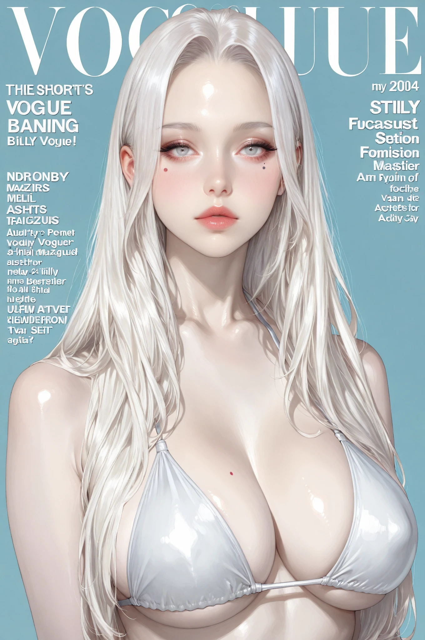 , 8K,ultra high definition,(masterpiece:1.2, best quality), (magazine cover), (많은 텍스트가 포함된 다채로운 magazine cover),fascinating, elegant, Trend, trend, radiant, head turner, dazzling, elaborate, very cool, dramatic, brave, ((swedish model)), ((((white hair)))), It shows off her enhanced look perfectly... She has perfect makeup, (((((saggy big breasts,hbig breasts,Sexy))))), 그리고 is striking a sexy,  pose), Her body is perfectly toned, sunny beach background, (very detailed:1.2)((((100%all ,Lots of pubic hair)))),((red lipstick)),Blue Eyes,(Very long hair),((((bust)))),