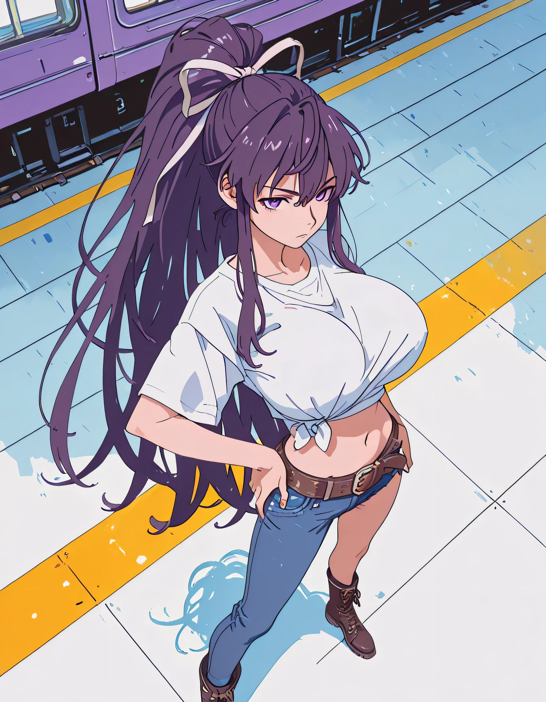 masterpiece masterpiece, ultra-HD, impressionism, high detail, best quality, very aesthetic, 8k, best quality, beautiful, anime coloring , score_9, score_8_up, score_7_up, score_6_up, score_5_up, score_4_up , Kaori Kanzaki , purple eyes , long hair , ribbon ,  , asymmetrical clothes , short white T-shirt , knot at shirt bottom , ponytail , very long hair , tied shirt , belt , denim , navel , long legs , boots , attractive body , hand on hip , fully body , from above , railways background 