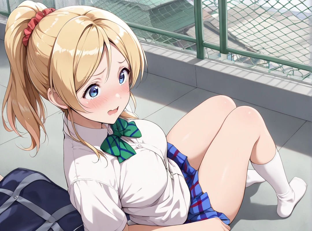 highest quality,1 girl,Big Breasts,orgasm,blush, Shut your mouth., Sweat,airi akizuki, Long Hair, blue eyes, Blonde Hair, Twin tails,skirt, Knee socks, Striped, Striped Knee socks, blue skirt, Exposing shoulders, shirt, sleeveless shirt, red shirt,((Lift skirt,White panties:1.3)),garden