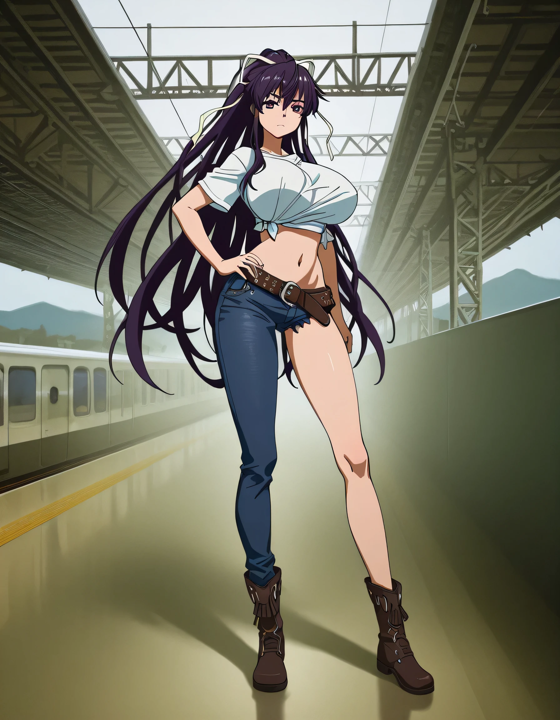 masterpiece masterpiece, ultra-HD, impressionism, high detail, best quality, very aesthetic, 8k, best quality, beautiful, anime coloring , score_9, score_8_up, score_7_up, score_6_up, score_5_up, score_4_up , Kaori Kanzaki , purple eyes , long hair , ribbon , , asymmetrical clothes , short white T-shirt , knot at shirt bottom , ponytail , very long hair , tied shirt , belt , denim , navel , long legs , boots , attractive body , hand on hip , fully body , railways background