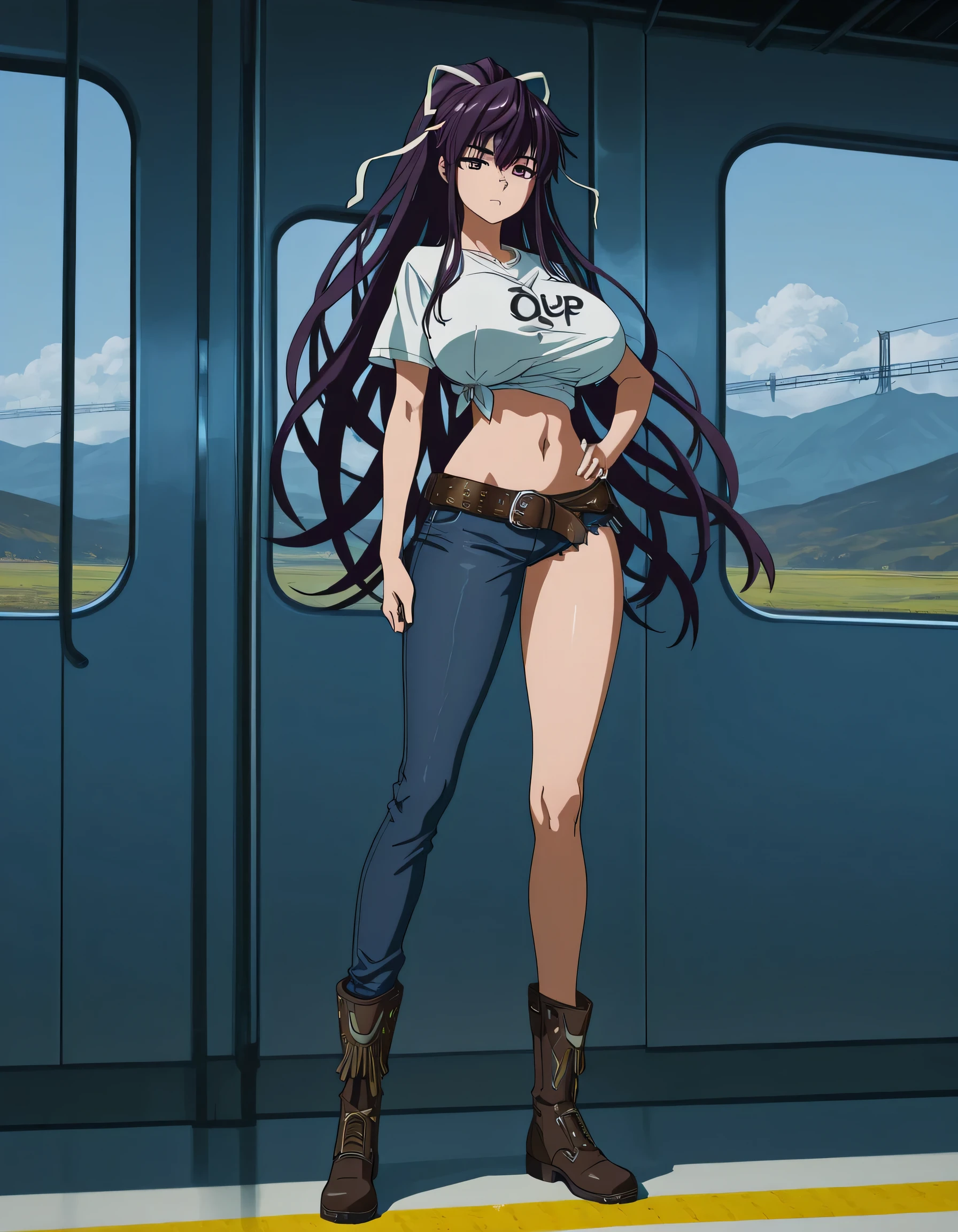 masterpiece masterpiece, ultra-HD, impressionism, high detail, best quality, very aesthetic, 8k, best quality, beautiful, anime coloring , score_9, score_8_up, score_7_up, score_6_up, score_5_up, score_4_up , Kaori Kanzaki , purple eyes , long hair , ribbon , , asymmetrical clothes , short white T-shirt , knot at shirt bottom , ponytail , very long hair , tied shirt , belt , denim , navel , long legs , boots , attractive body , hand on hip , fully body , railways background