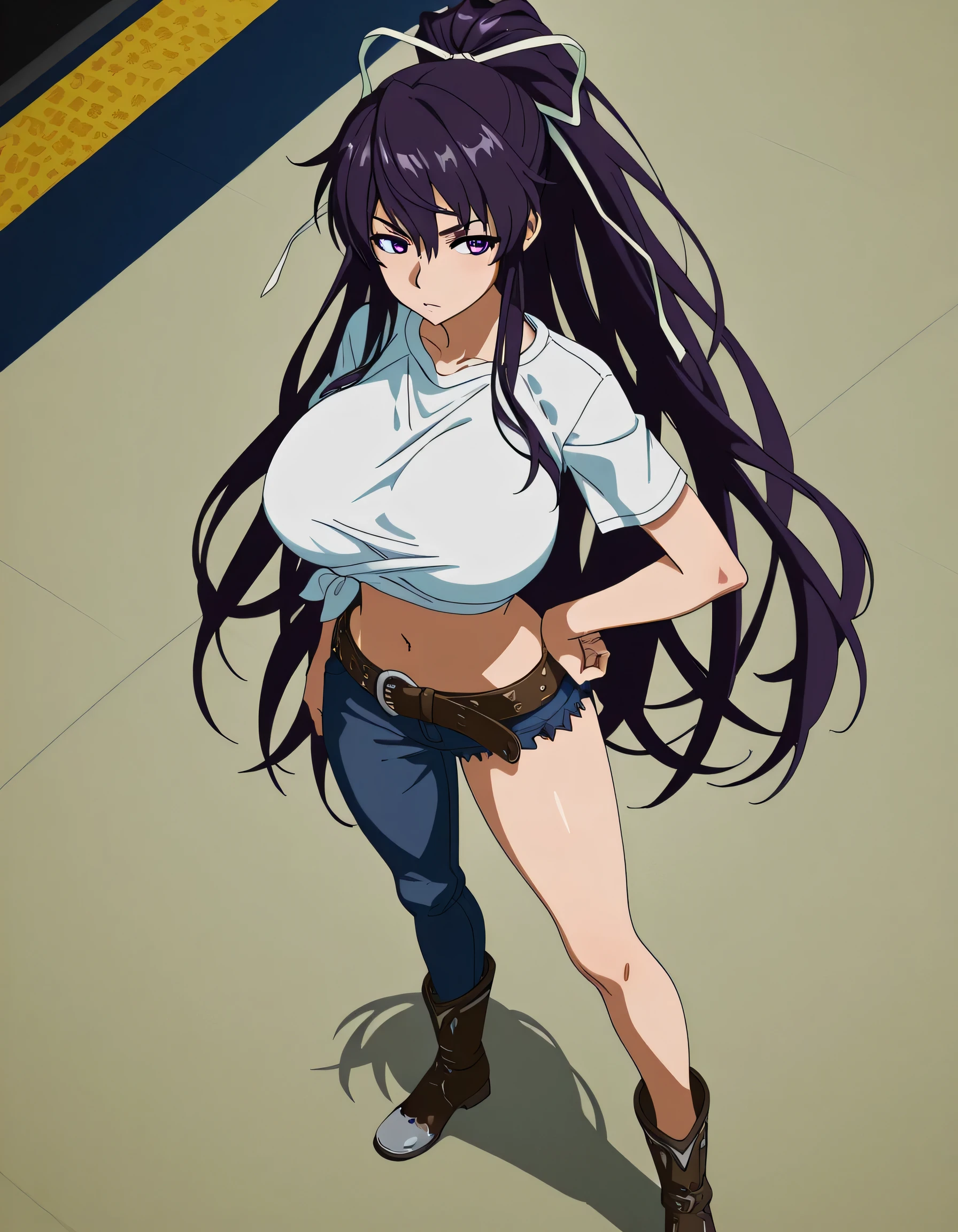 masterpiece masterpiece, ultra-HD, impressionism, high detail, best quality, very aesthetic, 8k, best quality, beautiful, anime coloring , score_9, score_8_up, score_7_up, score_6_up, score_5_up, score_4_up , Kaori Kanzaki , purple eyes , long hair , ribbon , , asymmetrical clothes , short white T-shirt , knot at shirt bottom , ponytail , very long hair , tied shirt , belt , denim , navel , long legs , boots , attractive body , hand on hip , fully body , from above , railways background
