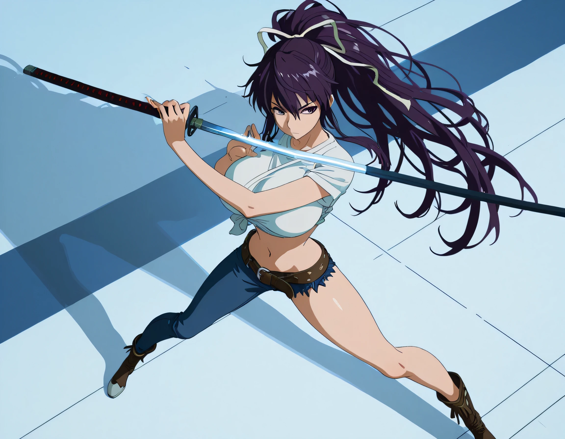 masterpiece masterpiece, ultra-HD, impressionism, high detail, best quality, very aesthetic, 8k, best quality, beautiful, anime coloring , score_9, score_8_up, score_7_up, score_6_up, score_5_up, score_4_up , Kaori Kanzaki , purple eyes , long hair , ribbon , huge breasts , asymmetrical clothes , short white T-shirt , knot at shirt bottom , ponytail , very long hair , tied shirt , belt , denim , navel , long legs , boots , attractive body , shooting stance , katana , fully body , from above , railways background