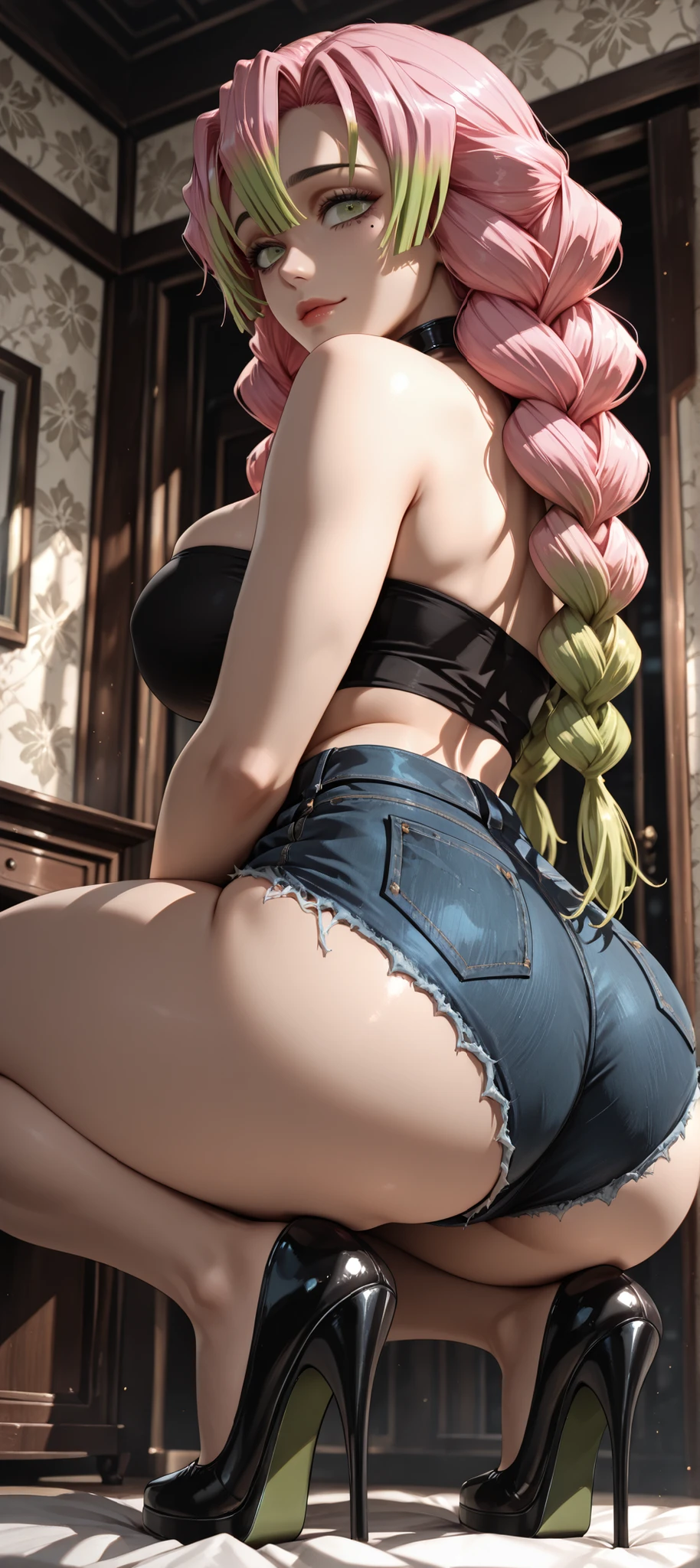(masterpiece, the best quality:1.2, very detailed, Top quality, 8K, absurdities),vibrante, elegant, cuerpo delgado, slightly large breasts, 1girl, Alone, mitsuri kanroji(Demons Slayer), Kanroji Mitsuri,multicolored hair, pink hair, green hair, multiple braids, green eyes, lips, mole under each eye, is wearing a tube top, denim shorts, ((high heel shoes)), fine details, Well defined textures, is crouching ((sensual pose)), Simple Background, wallpaper background , ((separated lips)), light smile, ella is crouching, ((It's on its side)), highly detailed image capture from below, 's room with her back to the spectator, seen from behind,