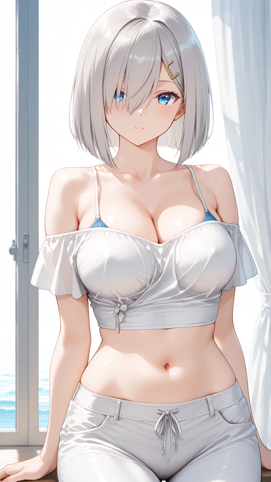 best quality, masterpiece, highres, solo, {tirpitz_azurlane:1.15}, blue_eyes, hair_between_eyes, short_hair, breasts, white_hair, large_breasts, earrings, jewelry, cross, cross_earrings, bangs, 1girl, cleavage, looking_at_viewer, bikini, swimsuit, white_bikini, navel, eyewear_on_head, sunglasses, scarf, collarbone