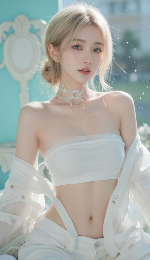 Beautiful woman with perfect figure:1.4，beach，Layered Hairstyle，White skin，Prominent cleavage，White bikini:1.5，White ultra-short pleated skirt，whole body，Very delicate face and skin texture，Double eyelids，Skin Whitening，Long white hair