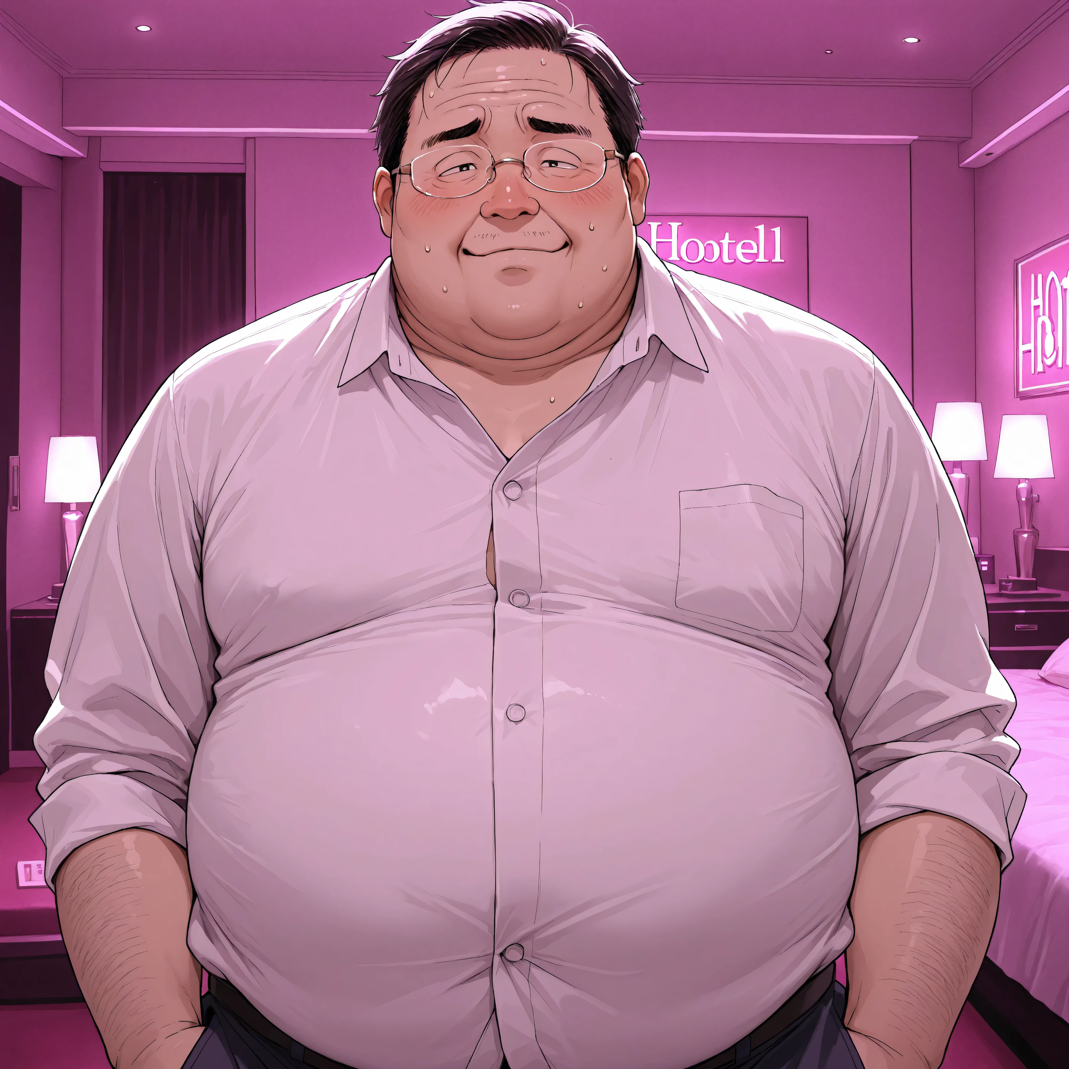 (fat:1.1) boy,Japanese,ugly,solo,dress shirt,rimless glasses,round face,love hotel room,in-heat