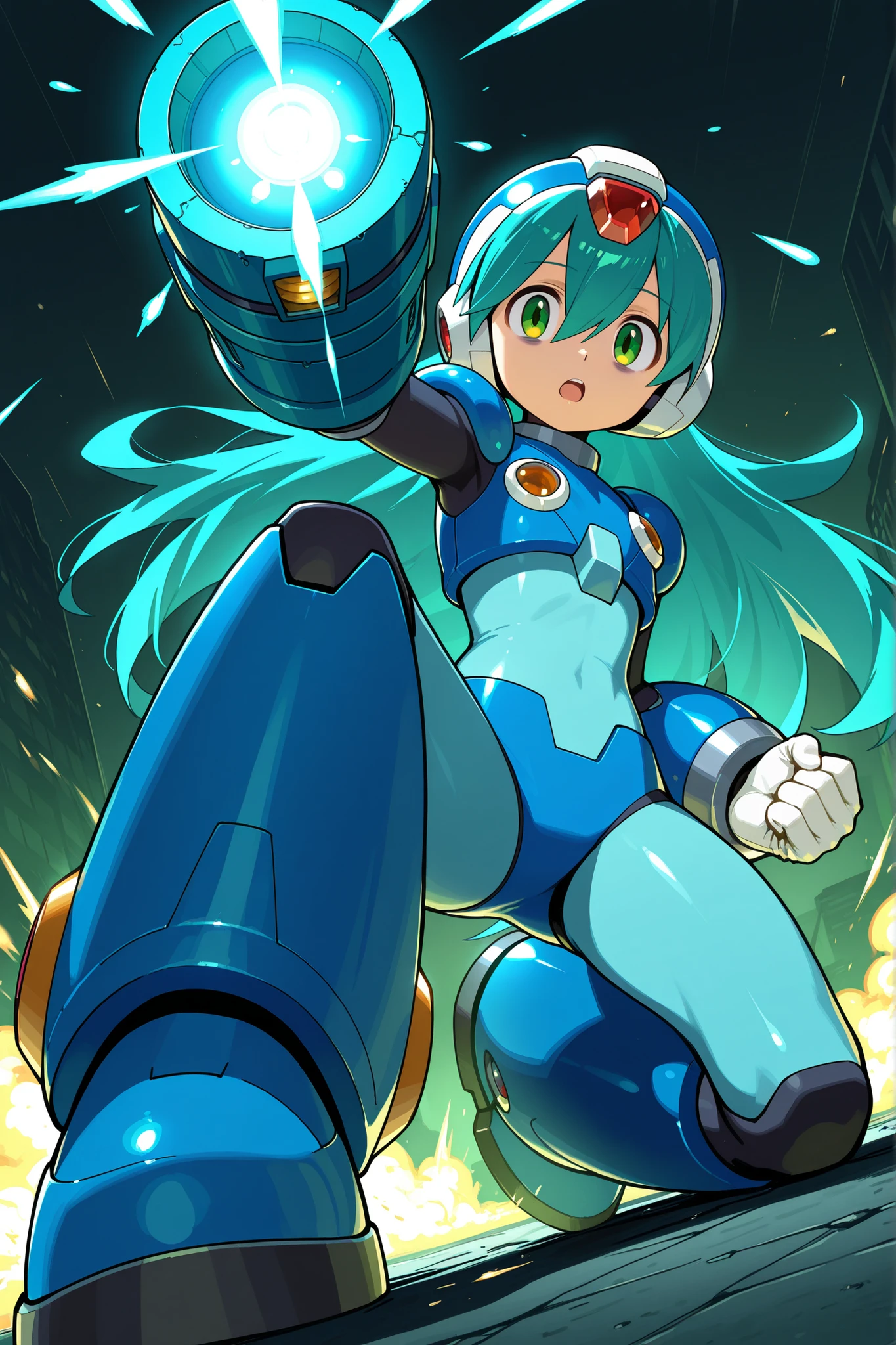1girl, solo, character focus, close to viewer, full body, from below, dutch angle, dynamic angle, on one knee, A girl wearing Mega Man gear, Mega Man's arm cannon, arm cannon, Rockman (character), blue arm cannon, glowing energy, A character with a large blue blaster on their arm, Mega Man's blue body armor, blue shoulder armor, Mega Man's blue helmet, blue bracer, white glove, firing, open mouth, aqua hair, long hair, green eyes, tareme, bags under eyes, long bangs, flat chest, expressionless, soft lighting, high detail, anime style, {animated painting}, {{{{{five hand fingers}}}}}, {{{{{4fingers and 1thumbs}}}}}, {{{high resolution}}}, {{{best quality}}}, {{ultra-detailed}}, {illustration}, {{an extremely delicate and beautiful}},