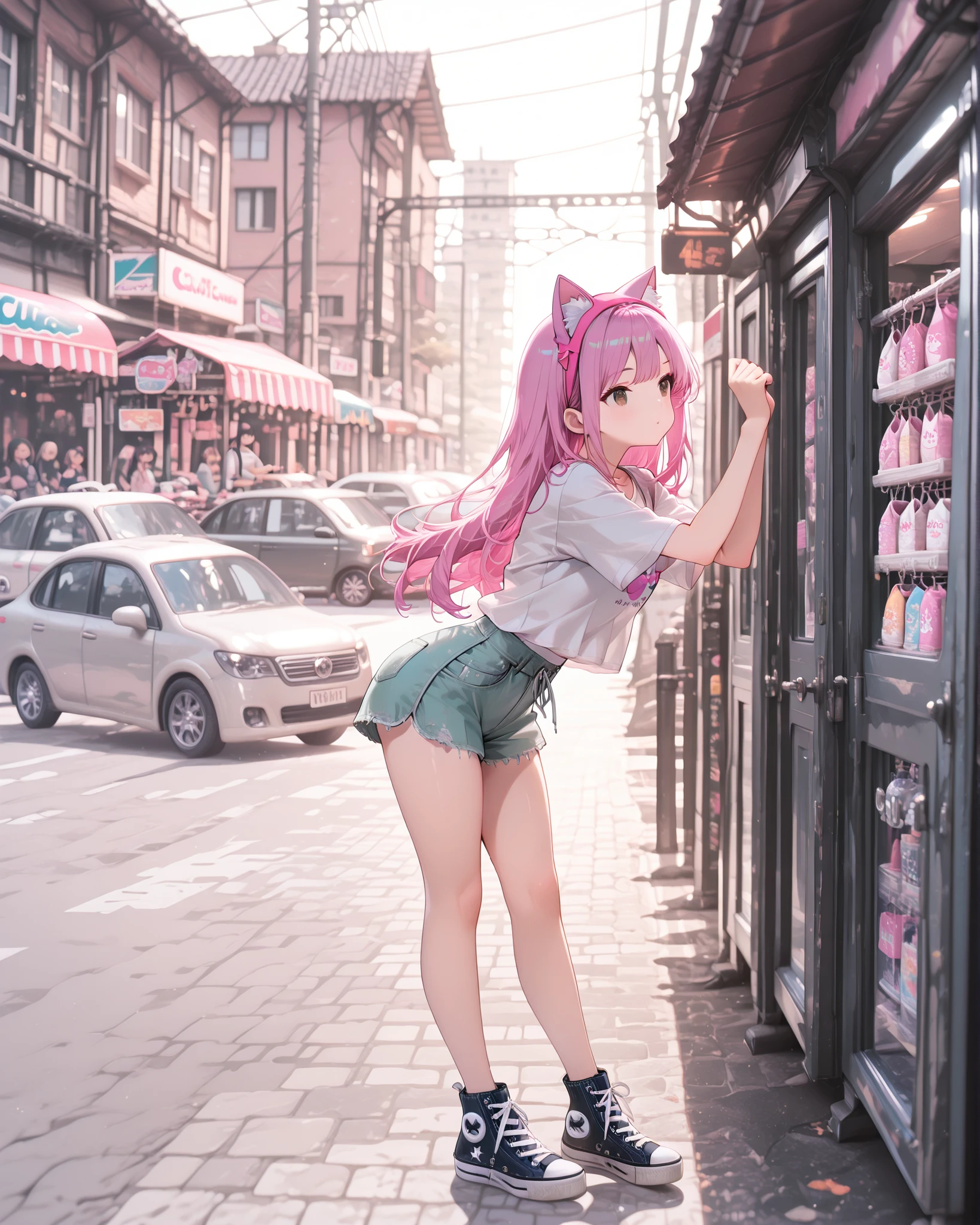 Frontal angle (masterpiece, 4k, ultra-detailed, vibrant colors), {girl}: (a girl with long pink hair wearing a pink cat ear headband, perfect body, brown eyes, wearing casual clothes, white t-shirt, shorts and Converse-style sneakers, standing in a cute pose), a street with several cars passing by and shops in the background, perfect lighting.