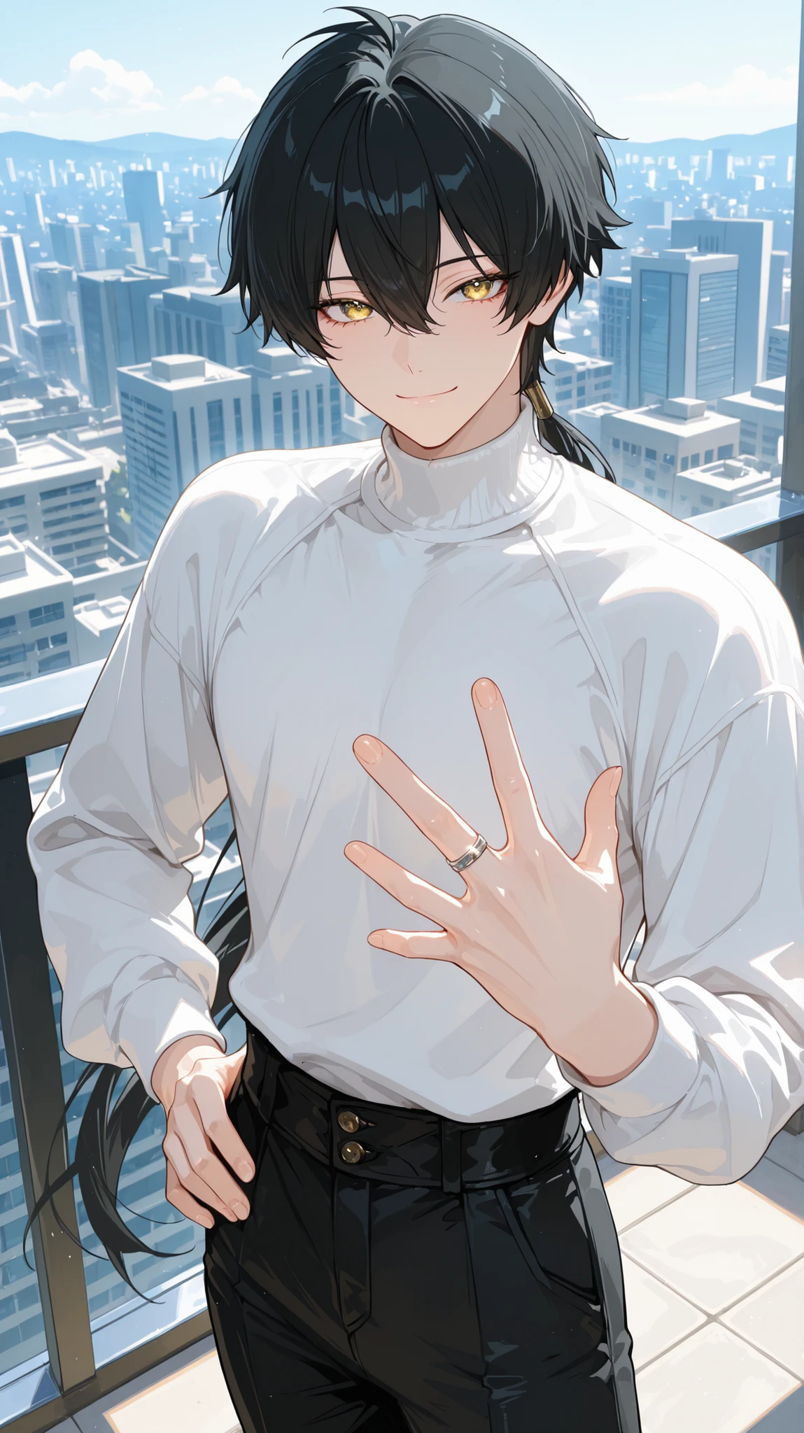 1boy, solo, anime boy, masterpiece, very aesthetic, (black hair), bangs, hair between eyes, long hair, low ponytail, ring hair extensions,, golden eyes, long eyelashes, looking at viewer, small smile, long sleeve, (white turtleneck), (black trousers), close up, standing, hand on hip, daytime, city, soft skin, volume light, depth of field, high detail, highres, ultra-detailed, detailed face, (no necklace), (detailed eyes), (perfect eyes), perfect composition, intricate details, detailed and polished anime style, (perfect fingers), (anatomically correct fingers), (detailed hands), (perfect hands), 4K, 8K