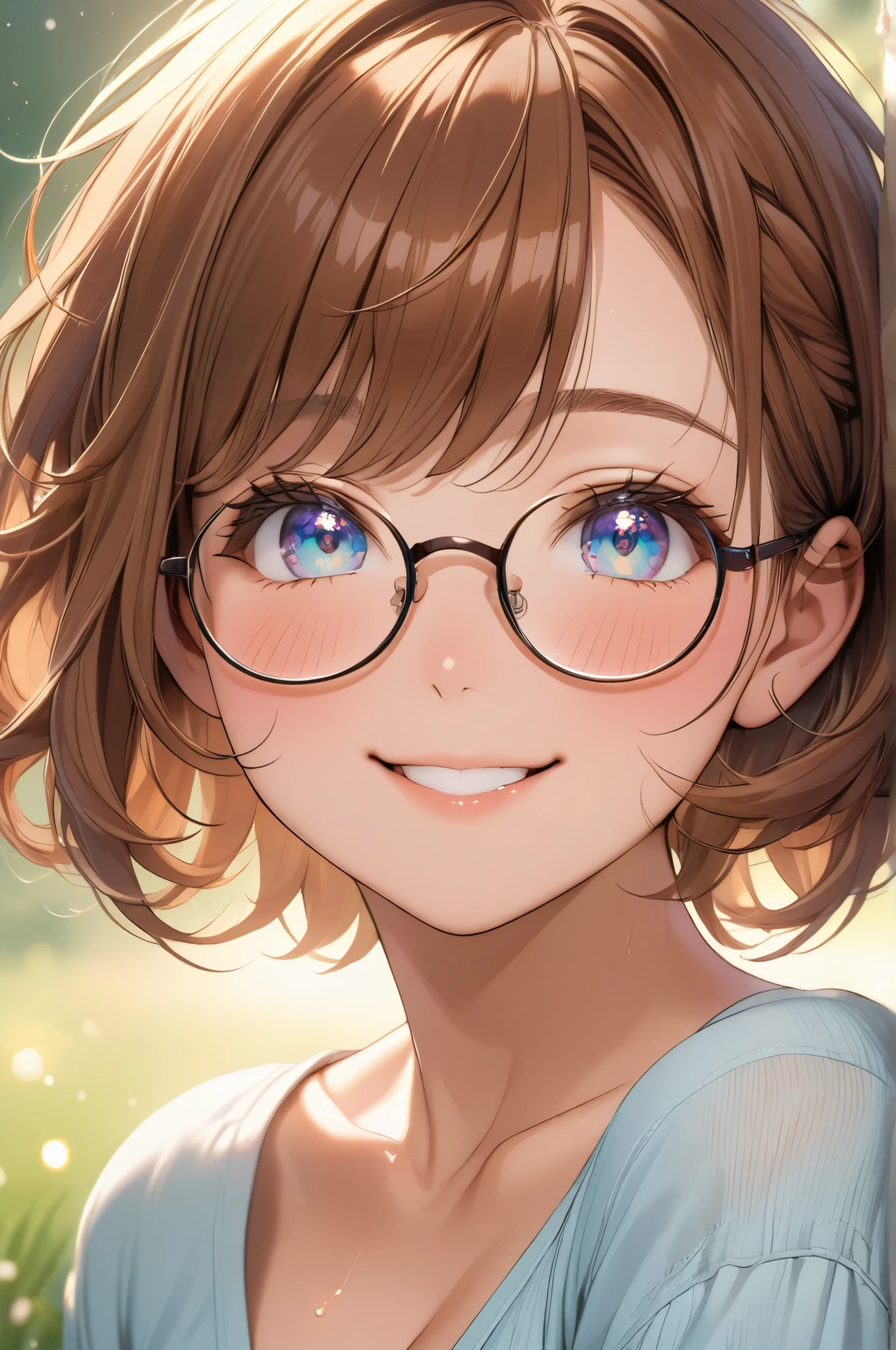 (High quality, High resolution, Fine details), cute close-up face shot, lighting is bright and sweet, adding a soft glow to cheeks, background is pastel-toned and softly blurred, solo, curvy adult woman, short shaggy hairstyle, brown hair, sparkling eyes, (Detailed eyes:1.2), round glasses, smile, blush, Sweat, Oily skin, Soft tones, shallow depth of field