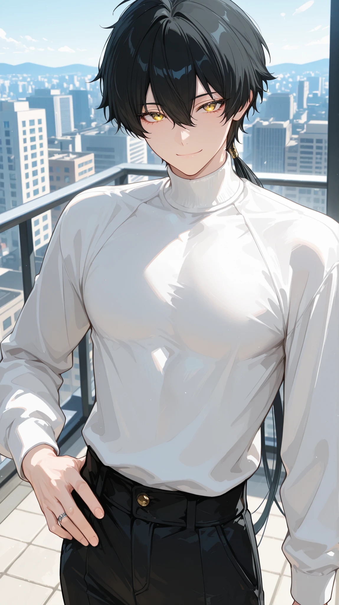 1boy, solo, anime boy, masterpiece, very aesthetic, (black hair), bangs, hair between eyes, long hair, low ponytail, ring hair extensions,, golden eyes, long eyelashes, looking at viewer, small smile, long sleeve, (white turtleneck), (black trousers), close up, standing, hand on hip, daytime, city, soft skin, volume light, depth of field, high detail, highres, ultra-detailed, detailed face, (no necklace), (detailed eyes), (perfect eyes), perfect composition, intricate details, detailed and polished anime style, (perfect fingers), (anatomically correct fingers), (detailed hands), (perfect hands), 4K, 8K