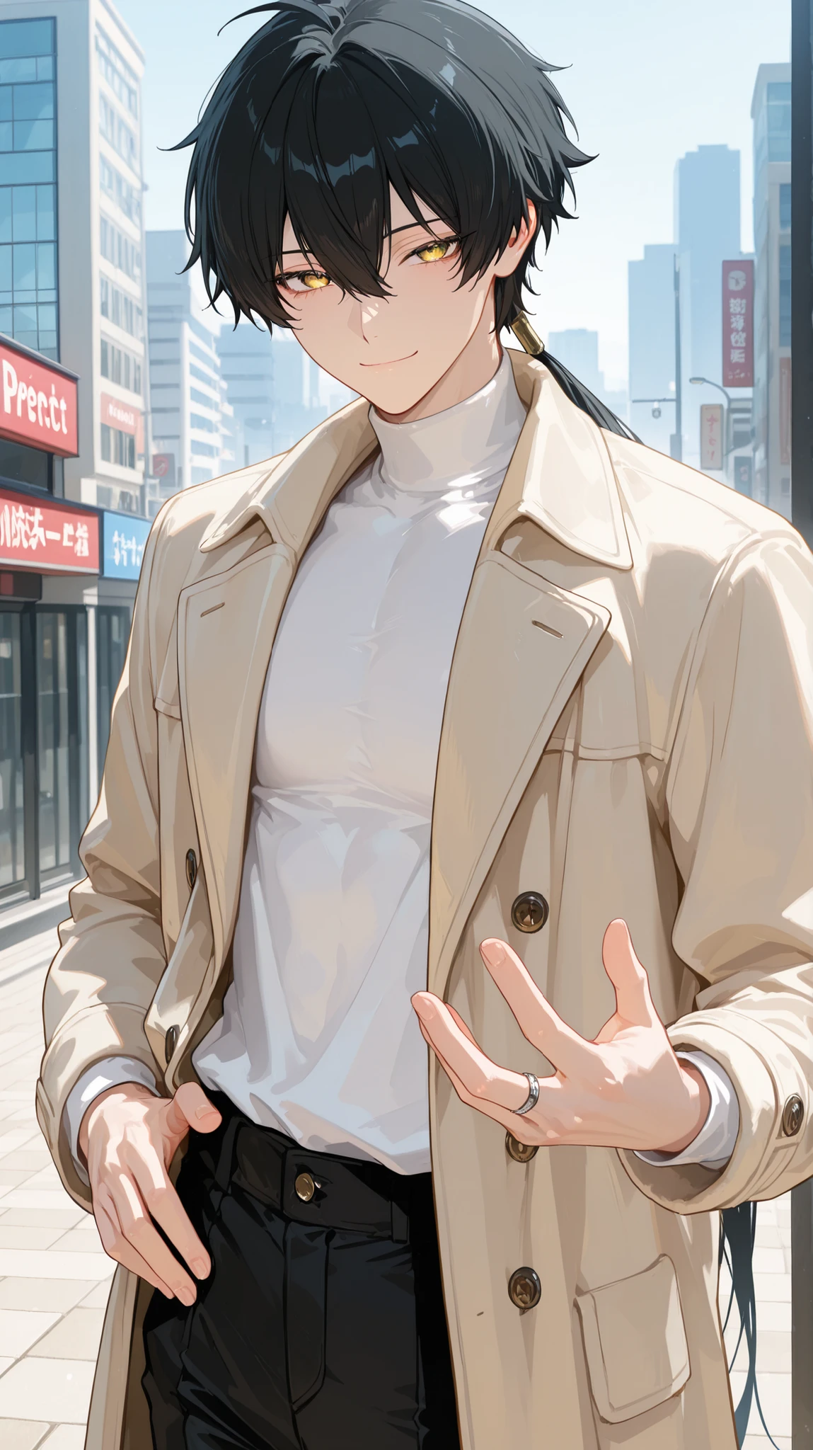 1boy, solo, anime boy, masterpiece, very aesthetic, (black hair), bangs, hair between eyes, long hair, low ponytail, ring hair extensions,, golden eyes, long eyelashes, looking at viewer, soft expression, small smile, long sleeve, (beige coat), open coat, (white turtleneck), shirt untucked, untucked shirt, (black trousers), close up, standing, hand on hip, daytime, city, soft skin, volume light, depth of field, high detail, highres, ultra-detailed, detailed face, (no necklace), (detailed eyes), (perfect eyes), perfect composition, intricate details, detailed and polished anime style, (perfect fingers), (anatomically correct fingers), (detailed hands), (perfect hands), 4K, 8K