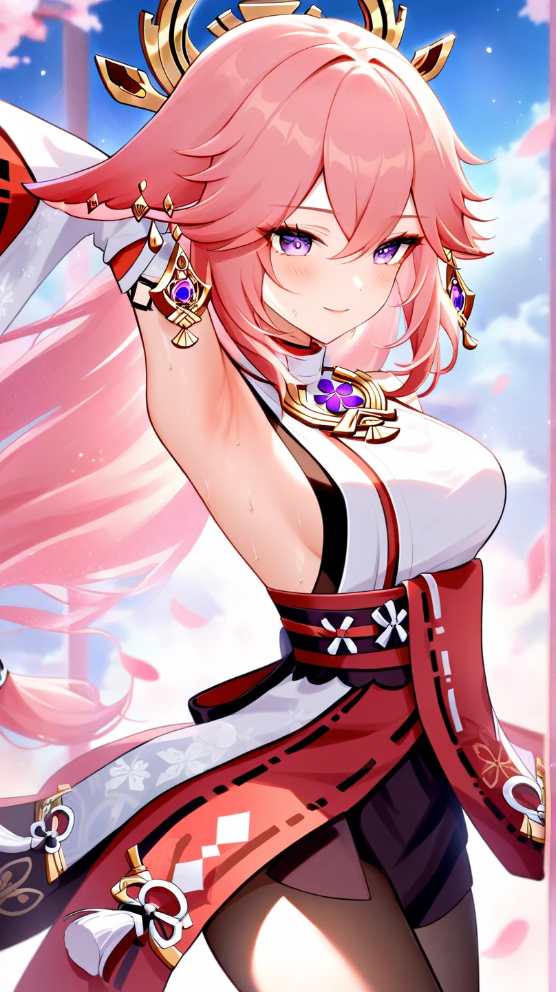 yae miko, blush, , cherry blossoms, fox ears, hair between eyes, hair ornament, hand up, japanese clothes, jewelry, kimono, long hair, looking at viewer, , miko, nontraditional miko, pink eyes, pink flower, pink hair, sidelocks, smile, solo