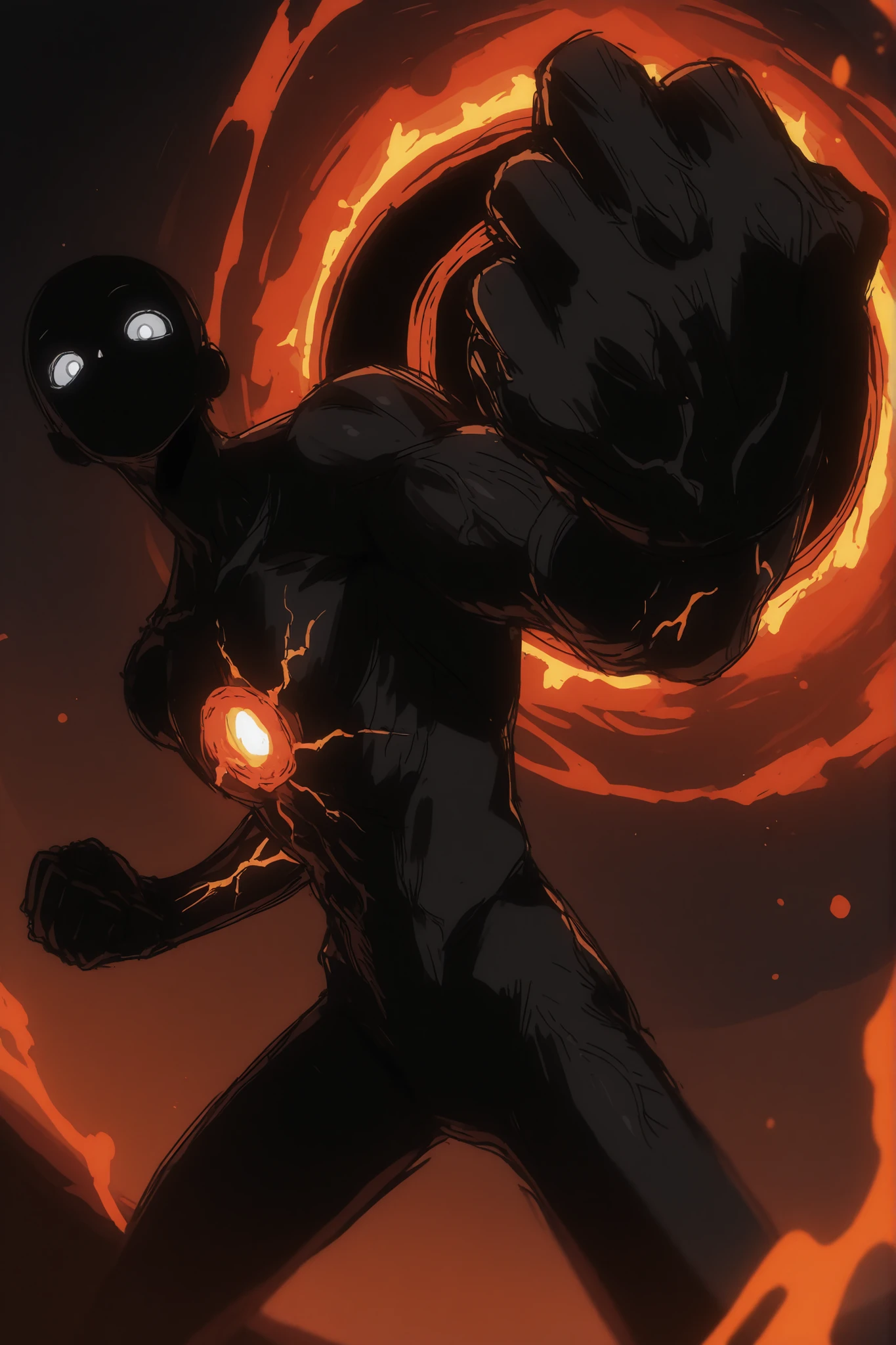 Game monster, sketch, concept art, All black human silhouette with a stellar black hole in the middle of his chest, bright color, black skin, orange and red energy, white eyes, round eyes , glowing eyes, on plain white canvas, rough, thin lines, 2d, concepts art, Masterpiece, incredible quality, perspective, dynamic pose, dynamic Dutch angle,Alone , grew old, brutal, cunning, orange energy around him, orange aura, Veins of blue energy run through his body. Energy veins, game monsters sketch, intimidating, slender body, arm above his head, making a fist, about to swing at viewer, perspective from below his waist, upperbody only, upperbody only