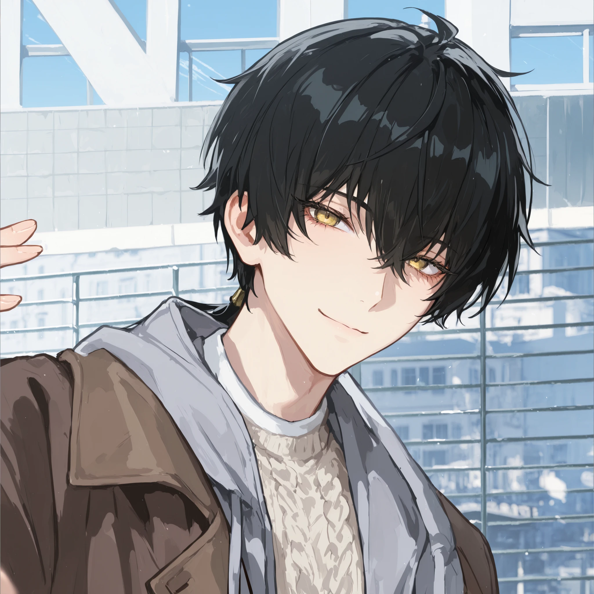 1boy, solo, anime boy, masterpiece, very aesthetic, (black hair), bangs, hair between eyes, long hair, low ponytail, ring hair extensions,, golden eyes, long eyelashes, looking at viewer, soft expression, small smile, long sleeve, (brown coat), open coat, (grey hoodie), open hoodie, (beige sweater), untucked, (black trousers), close up, standing, hand on hip, daytime, city, soft skin, volume light, depth of field, high detail, highres, ultra-detailed, detailed face, (no necklace), (detailed eyes), (perfect eyes), perfect composition, intricate details, detailed and polished anime style, (perfect fingers), (anatomically correct fingers), (detailed hands), (perfect hands), 4K, 8K