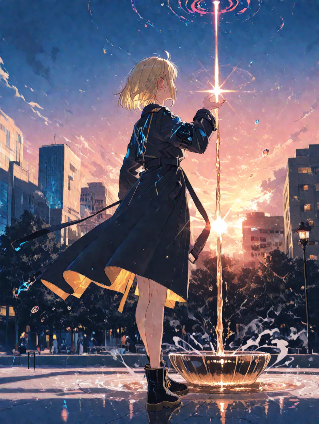 ((masterpiece, Highest quality)), High resolution, 8K, Cinematic Light, High Contrast, Depth of written boundary, A 17-year-old Japanese girl, Catholic high school student, Blonde bob cut, beautiful red eyes, neatly aligned bangs, tanned chocolate skin, black gal style, traditional dark green sailor uniform, white tie, white sailor collar, white socks, loafers, full body, standing with a confident expression, arms crossed, perfect lighting, 

A blue sky, a summer cumulonimbus, a single shooting star, an insolent face, standing with his  shoulder-width apart