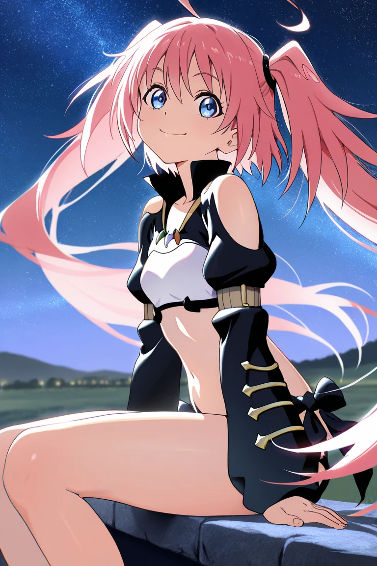 chloebase, pink hair, long hair, hair bun, hairpin, yellow eyes, dark skin, dark-skinned female, long sleeves, stomach tattoo, midriff, waist cape, 1girl, solo
high quality, solo, night sky, beach, arms behind head, contrapposto, closed mouth, spread armpits, (cowboy shot:1.5), looking at viewer, grin, best quality, game cg, anime screencap, official art, masterpiece, best quality
